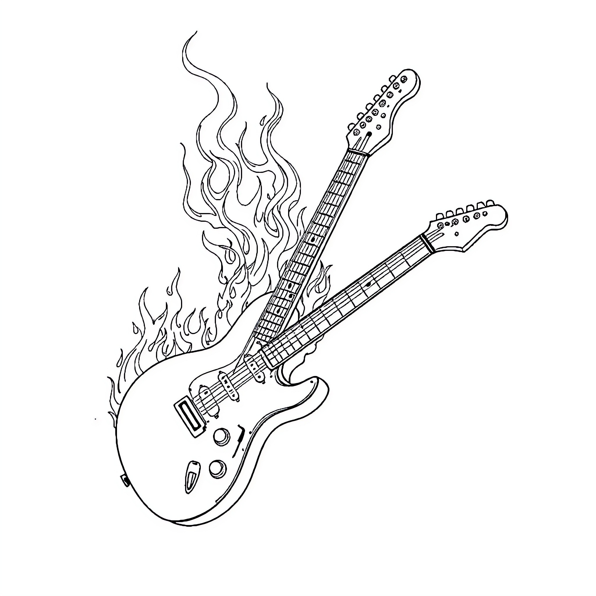 Guitar Engulfed in Flames and Passion Coloring Page (free black-and-white line drawing printable PDF for all, from beginners to advanced learners, including children, teens, adults, and seniors)