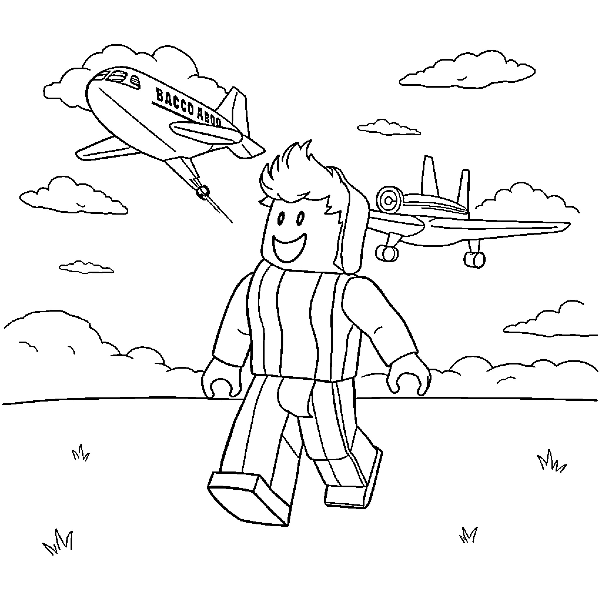 Roblox Bacon character in an aviation adventure Coloring Page (free black-and-white line drawing printable PDF for all, from beginners to advanced learners, including children, teens, adults, and seniors)