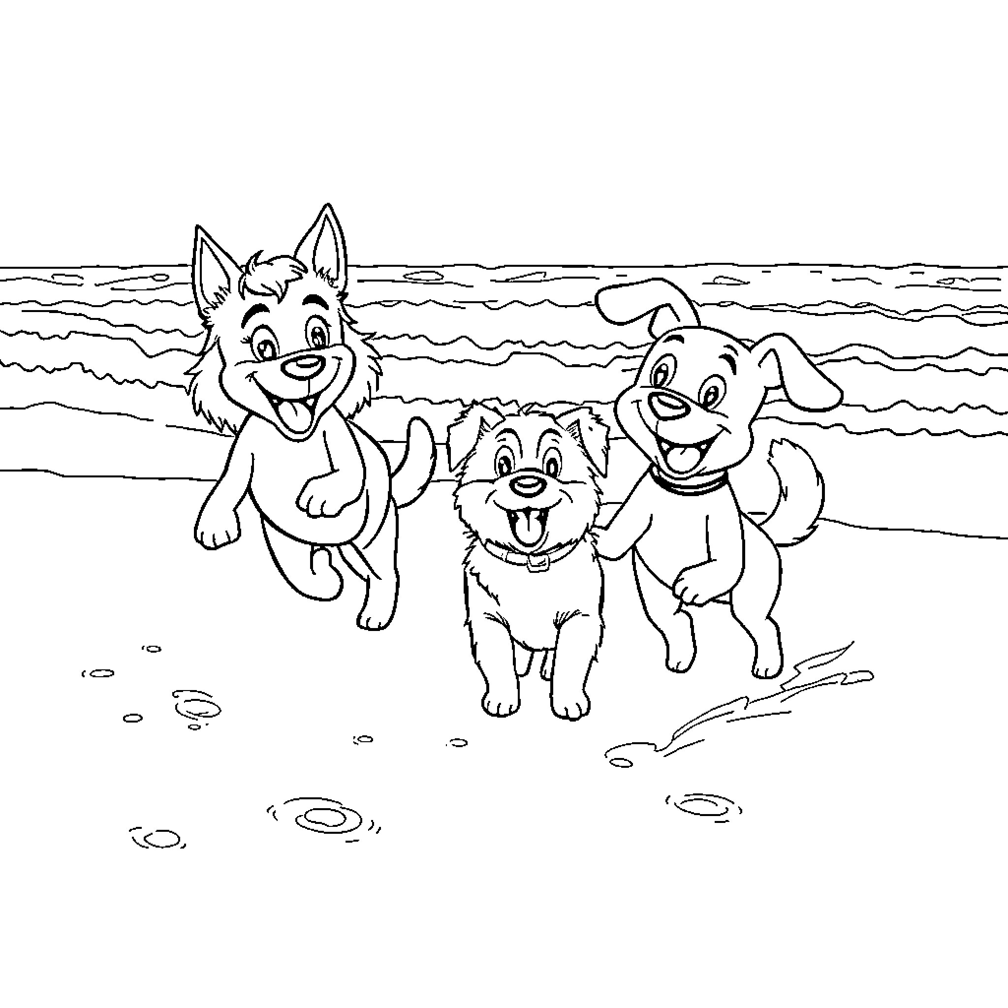 Rumi's Playful Pups Enjoying the Beach Coloring Page (free black-and-white line drawing printable PDF for all, from beginners to advanced learners, including children, teens, adults, and seniors)