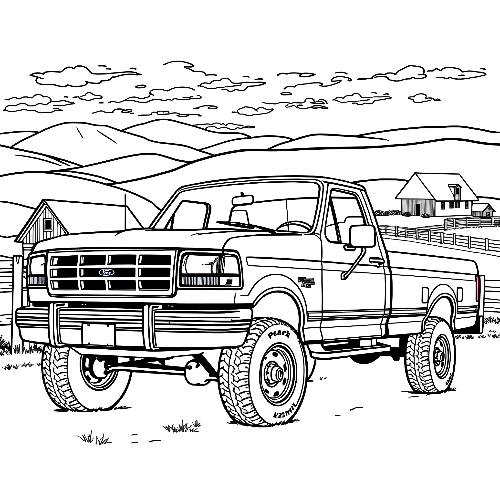 Ford F350 truck in rugged outdoor landscape Coloring Page (free black-and-white line drawing printable PDF for all, from beginners to advanced learners, including children, teens, adults, and seniors)