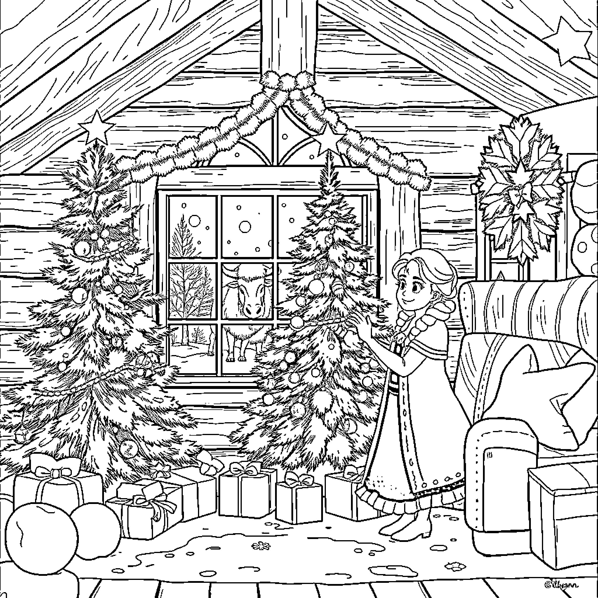 Anna decorating a cozy winter cabin for the holidays Coloring Page (free black-and-white line drawing printable PDF for all, from beginners to advanced learners, including children, teens, adults, and seniors)