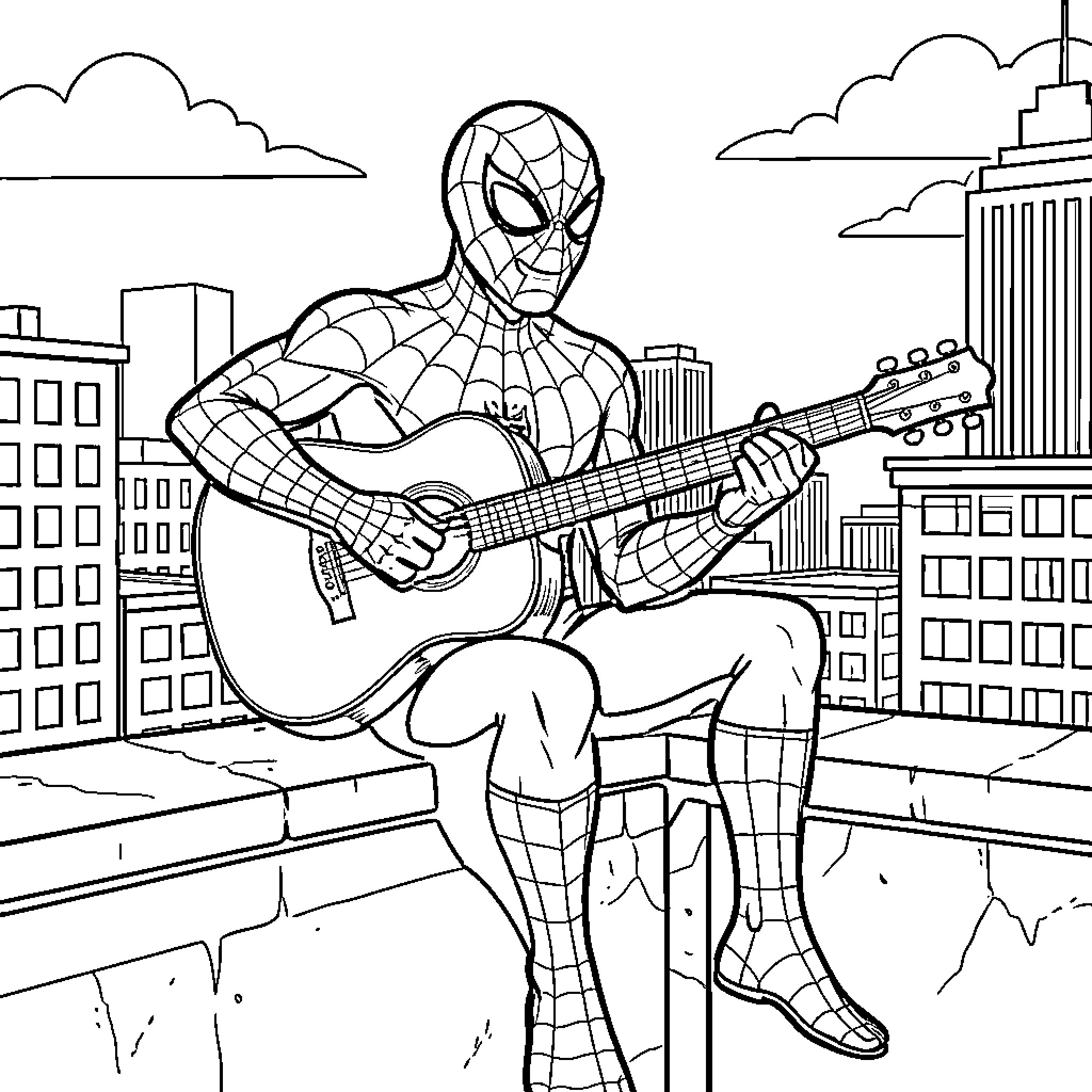 Spiderman playing an acoustic guitar on a rooftop Coloring Page (free black-and-white line drawing printable PDF for all, from beginners to advanced learners, including children, teens, adults, and seniors)