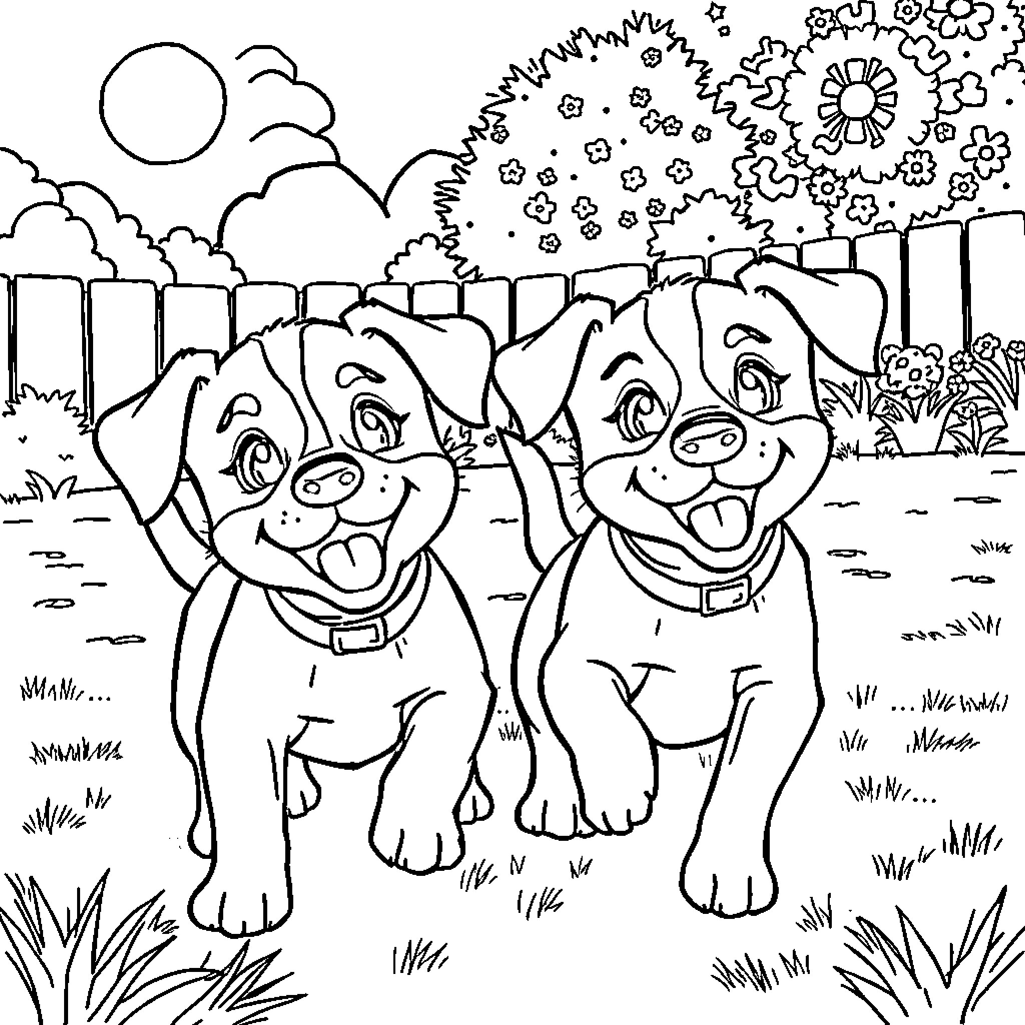 Bingo: Two happy puppies playing in the yard Coloring Page (free black-and-white line drawing printable PDF for all, from beginners to advanced learners, including children, teens, adults, and seniors)