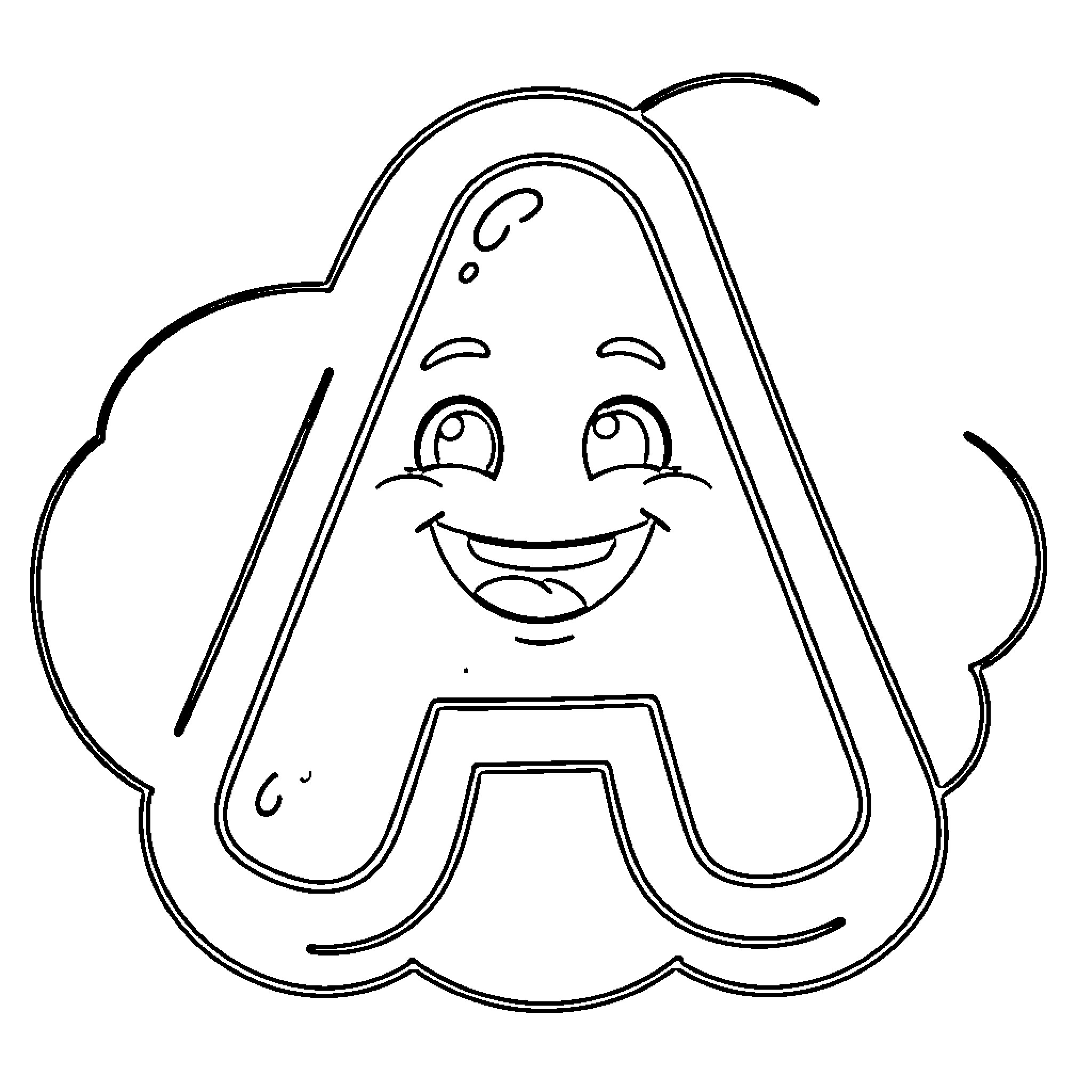 Letter A with Friendly and Playful Expression Coloring Page (free black-and-white line drawing printable PDF for all, from beginners to advanced learners, including children, teens, adults, and seniors)