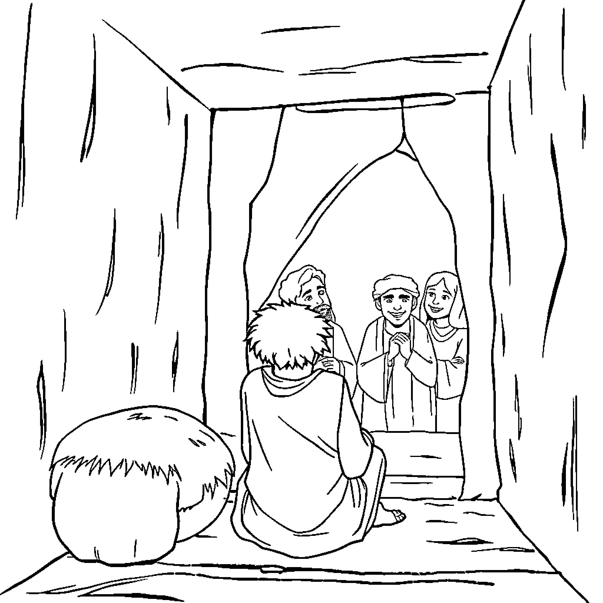Joseph's Encounter with the Holy Family Coloring Page (free black-and-white line drawing printable PDF for all, from beginners to advanced learners, including children, teens, adults, and seniors)