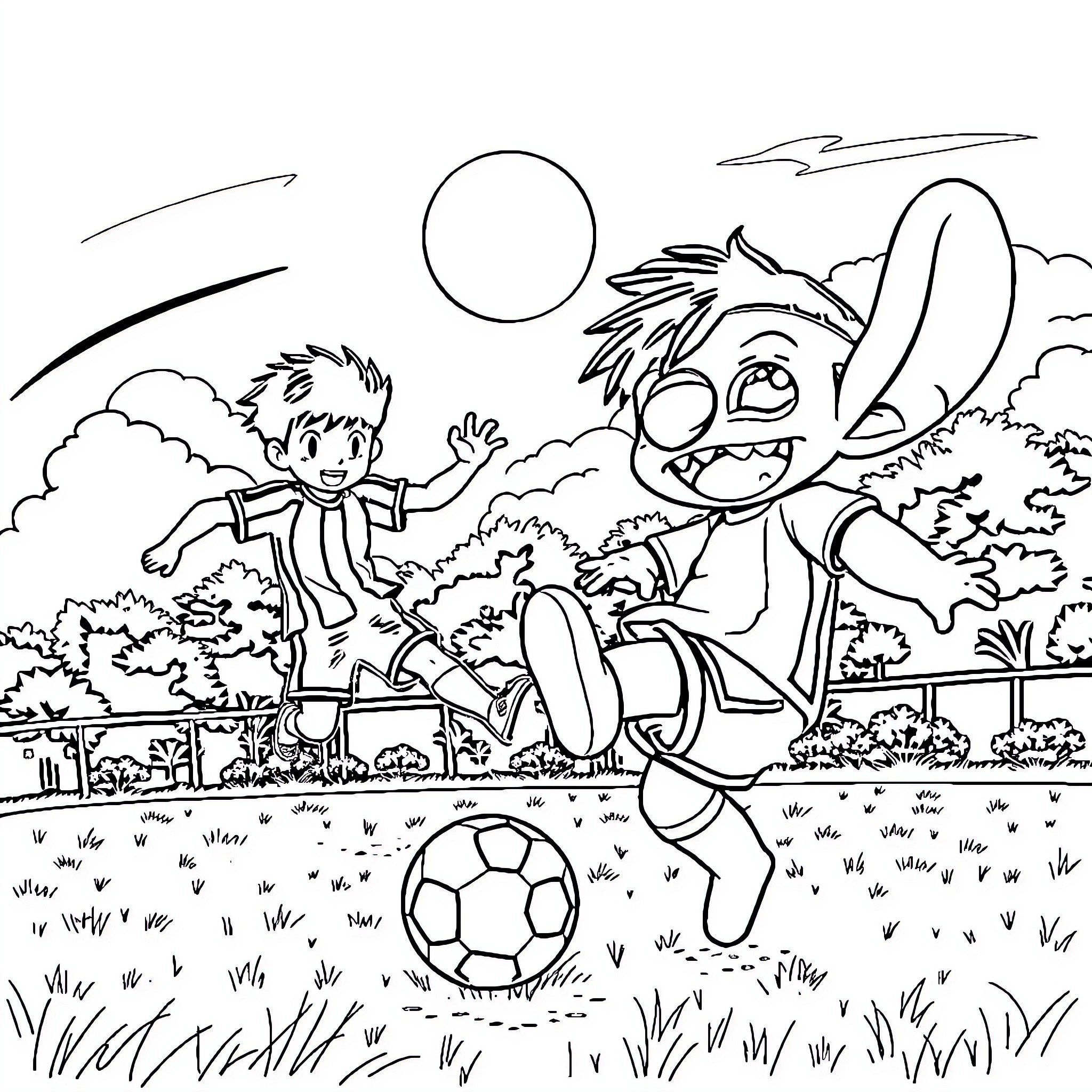 Tsubasa and Kermit playing soccer in the park Coloring Page (free black-and-white line drawing printable PDF for all, from beginners to advanced learners, including children, teens, adults, and seniors)