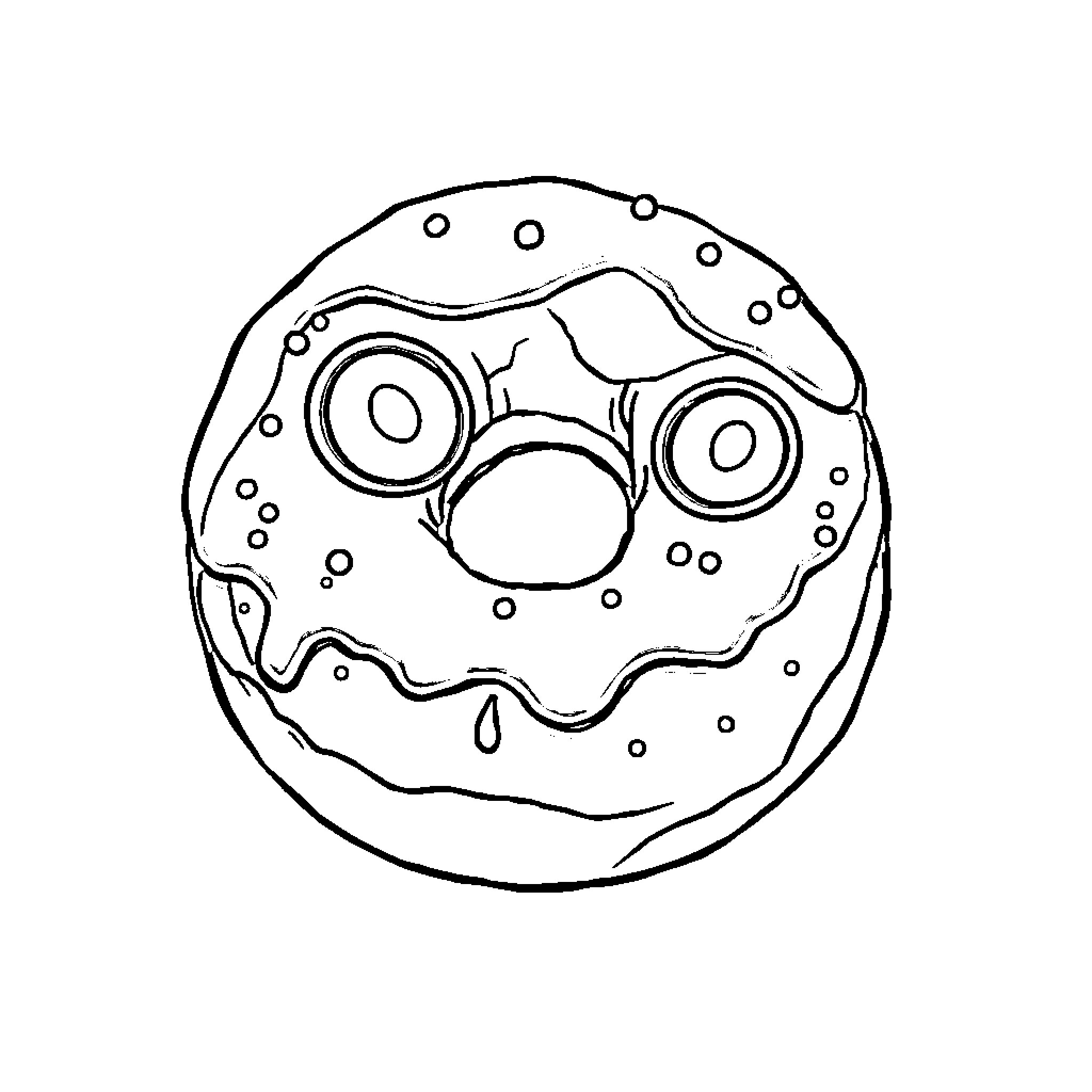 Zombie Donut with Goofy Expression Coloring Page (free black-and-white line drawing printable PDF for all, from beginners to advanced learners, including children, teens, adults, and seniors)