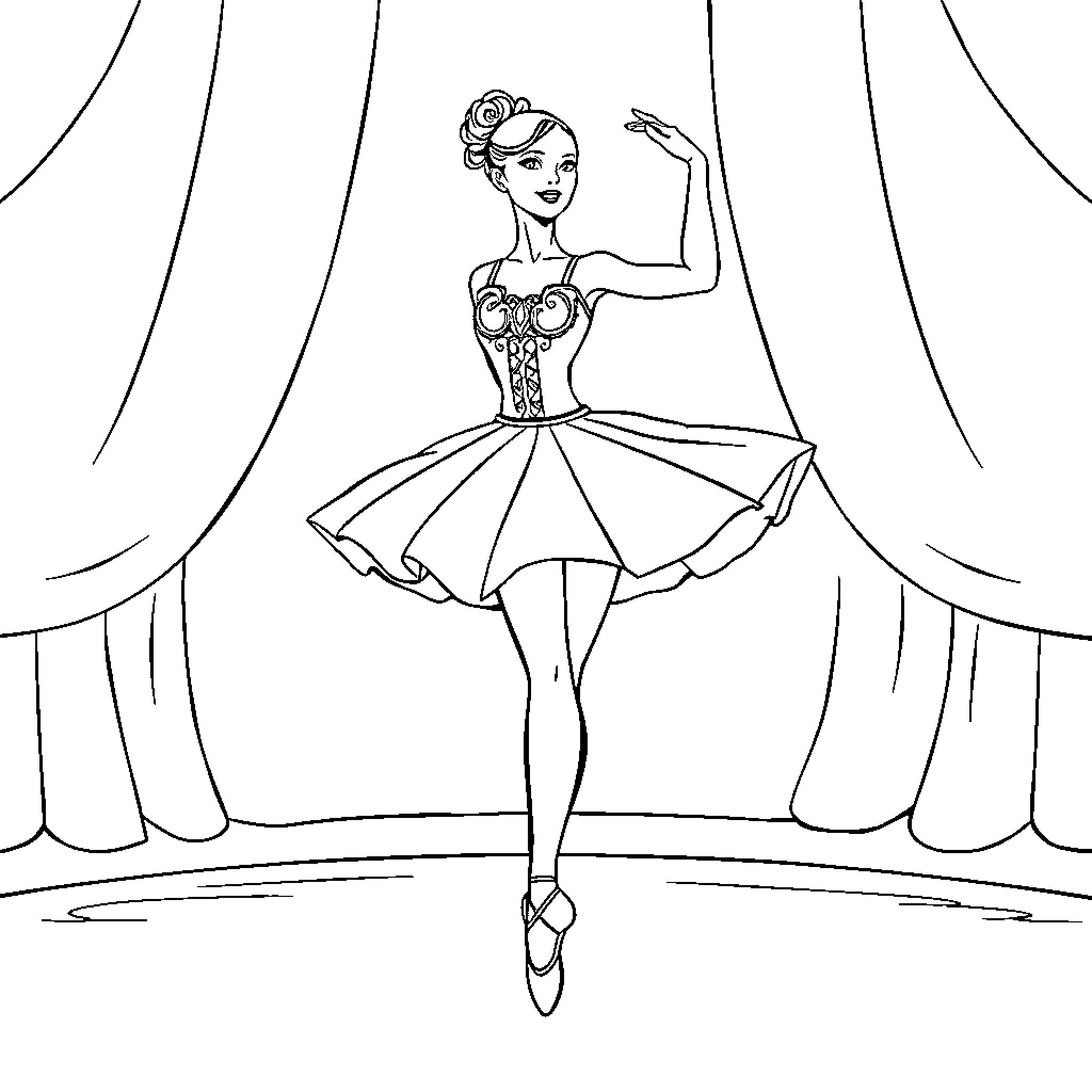 Ballerina performing on stage with elegant pose Coloring Page (free black-and-white line drawing printable PDF for all, from beginners to advanced learners, including children, teens, adults, and seniors)