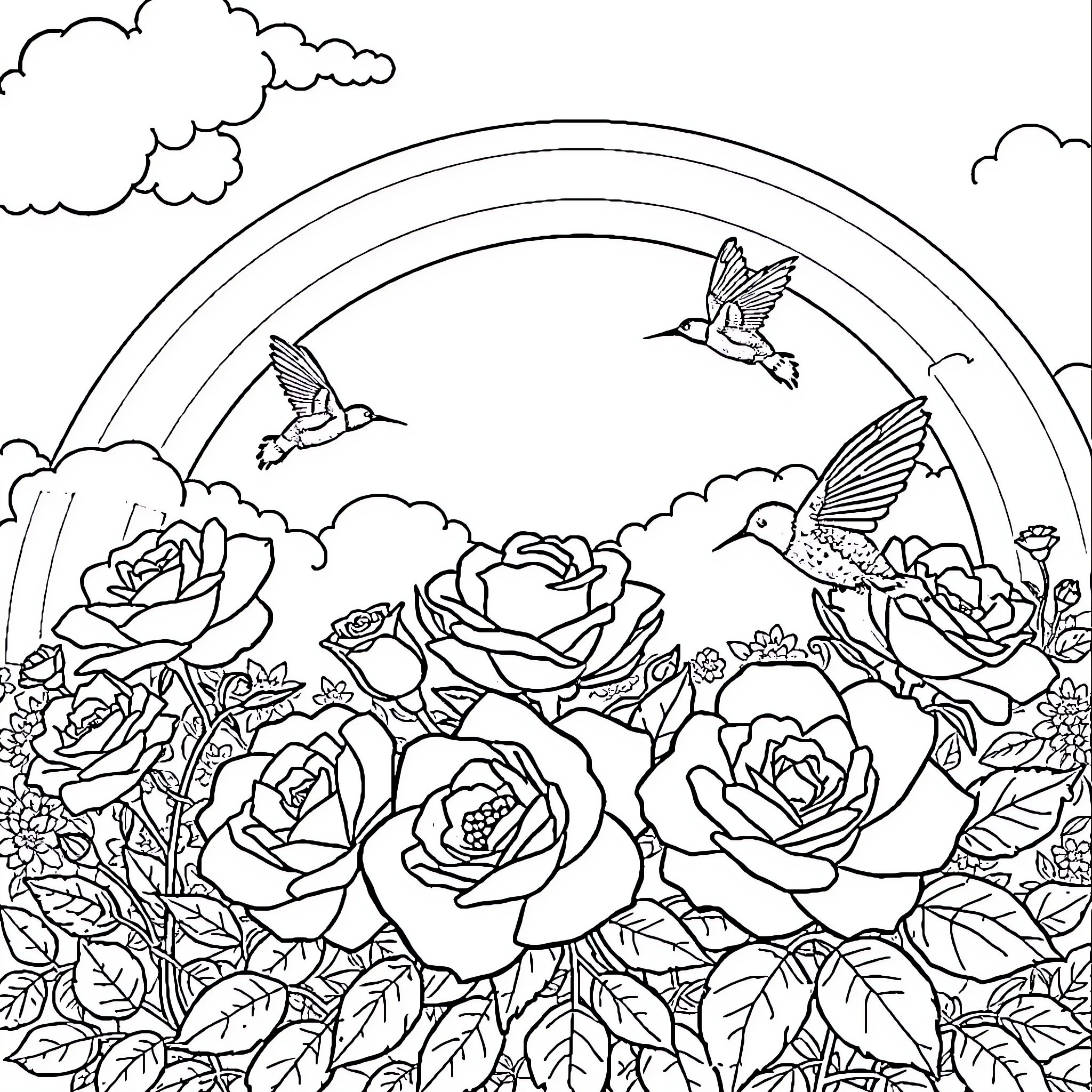 Rose garden with flying birds under rainbow Coloring Page (free black-and-white line drawing printable PDF for all, from beginners to advanced learners, including children, teens, adults, and seniors)