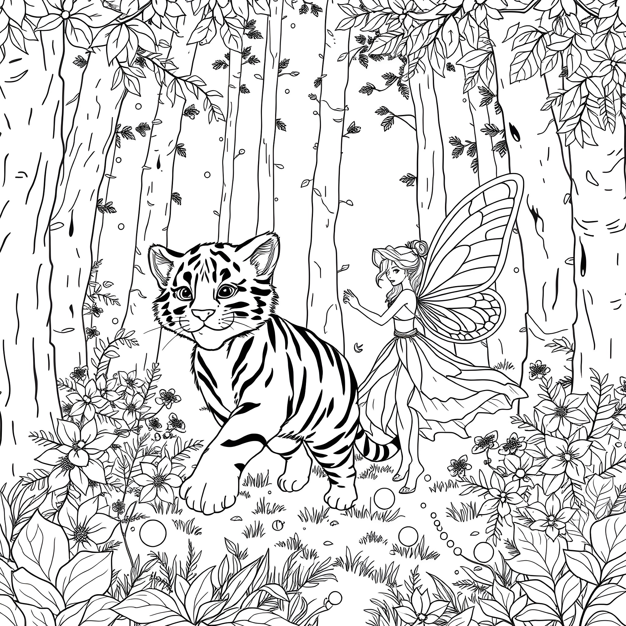 Tiger Kitten Interacting with Fairy in Enchanted Forest Coloring Page (free black-and-white line drawing printable PDF for all, from beginners to advanced learners, including children, teens, adults, and seniors)