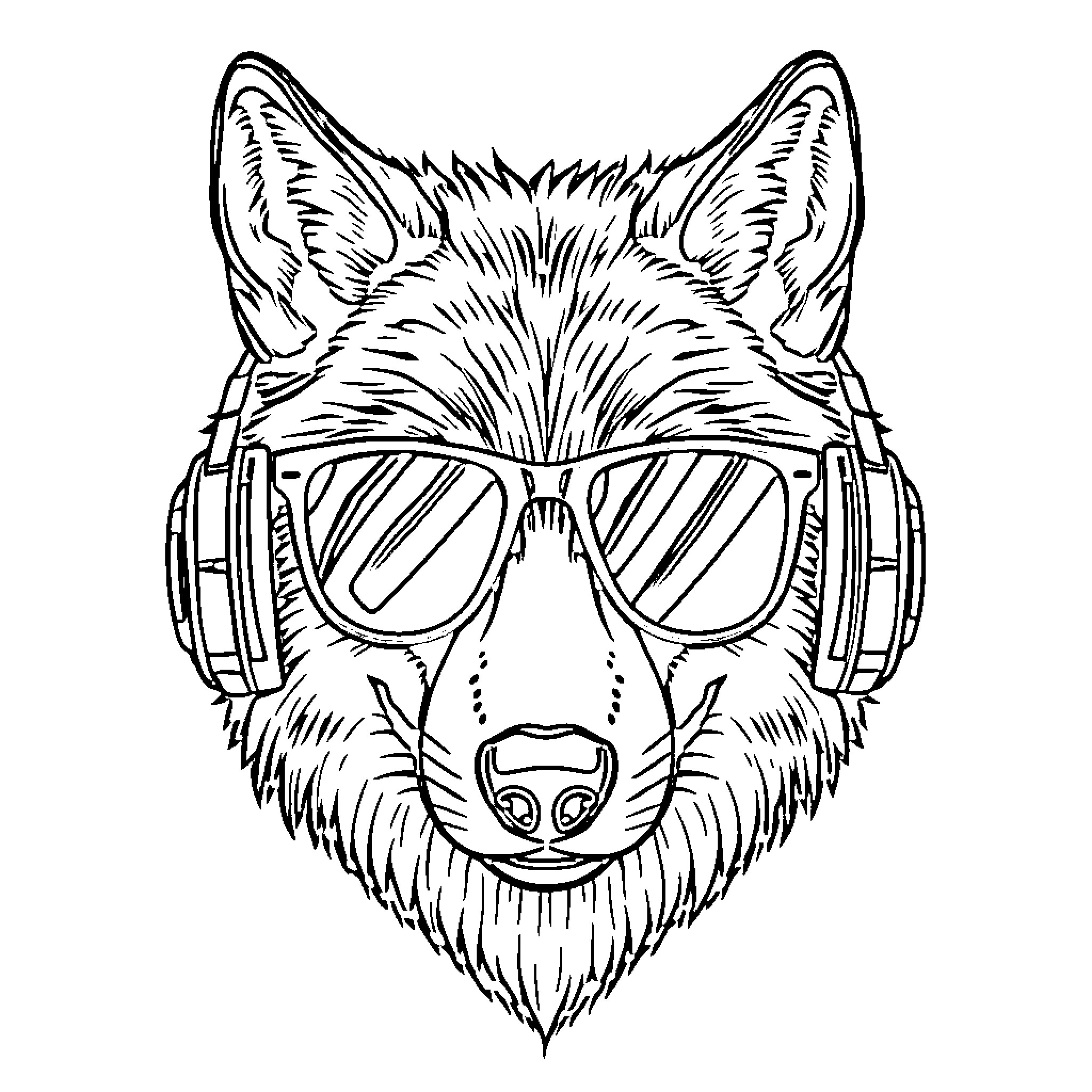 Wolf with stylish headphones Coloring Page (free black-and-white line drawing printable PDF for all, from beginners to advanced learners, including children, teens, adults, and seniors)