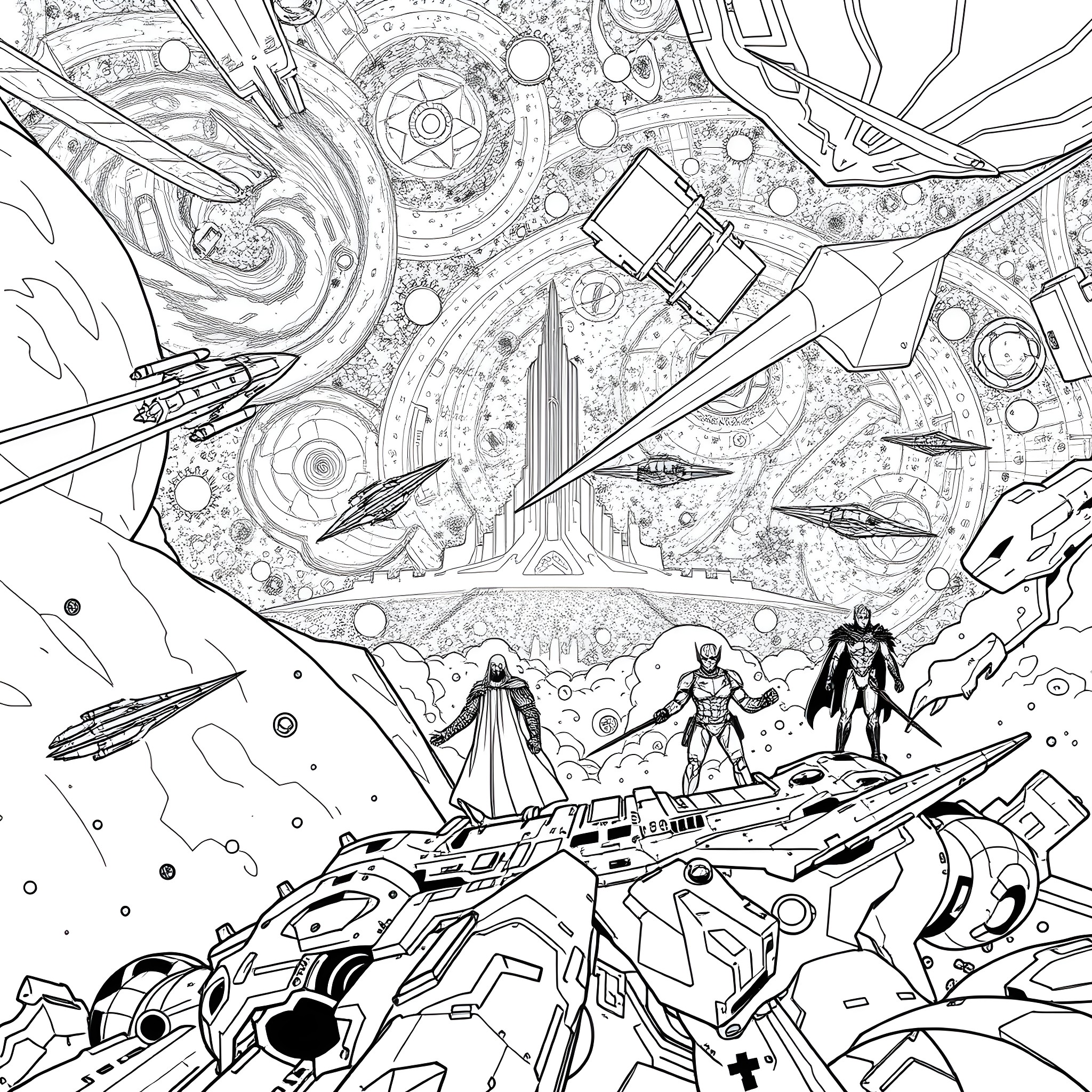 Star Wars: Epic Galactic Battle with Spaceships and Heroes Coloring Page (free black-and-white line drawing printable PDF for all, from beginners to advanced learners, including children, teens, adults, and seniors)