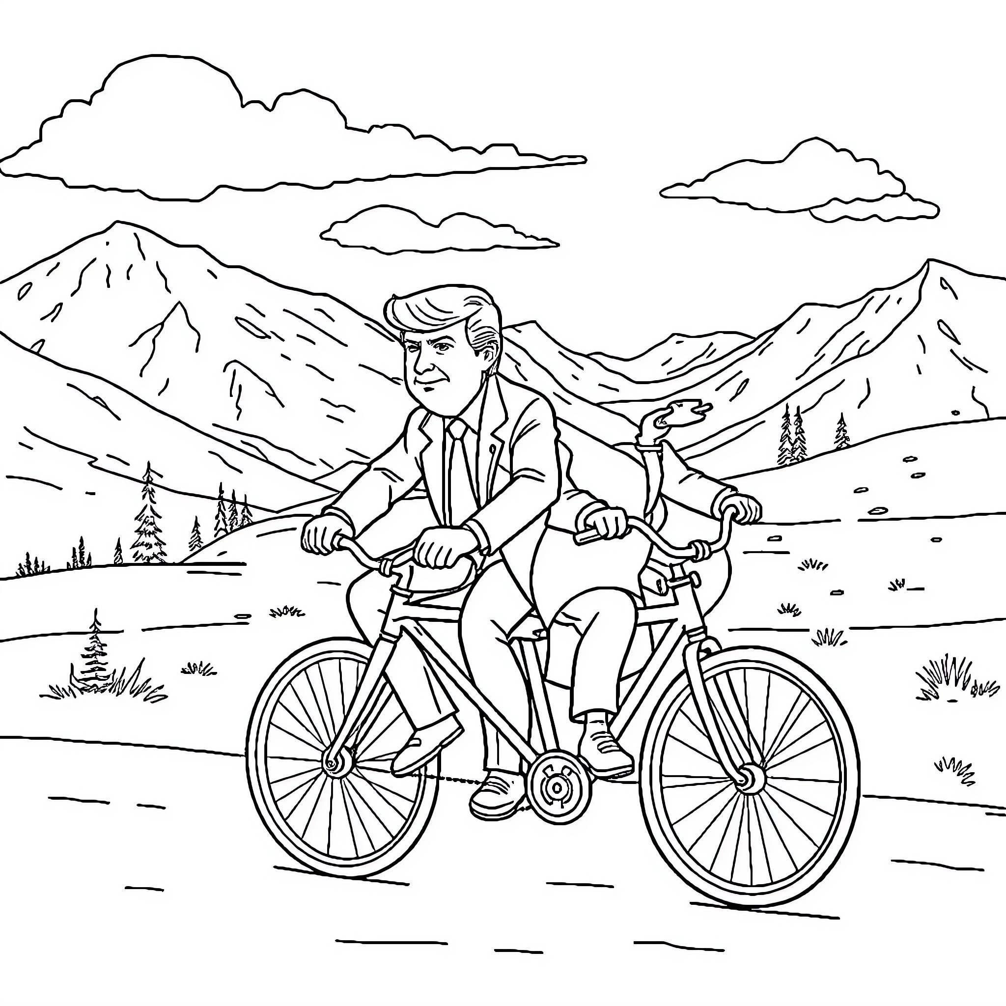 Trump Rides Bicycle Through Scenic Mountain Landscape Coloring Page (free black-and-white line drawing printable PDF for all, from beginners to advanced learners, including children, teens, adults, and seniors)