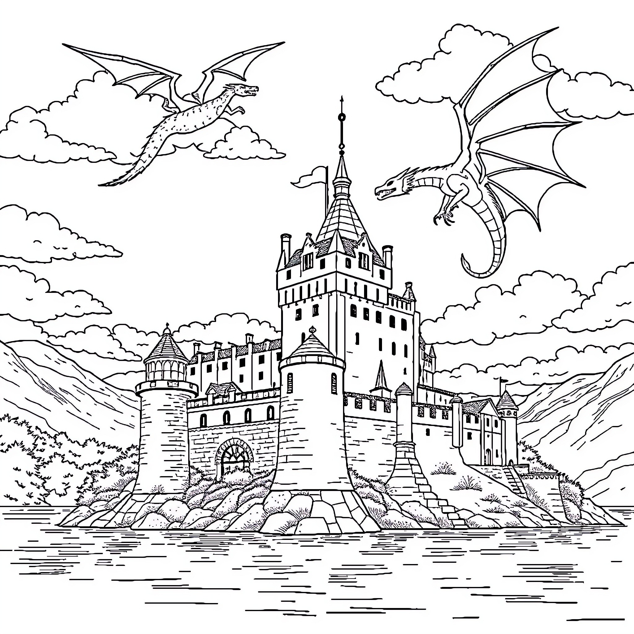 Château of Dragons in the Clouds Coloring Page (free black-and-white line drawing printable PDF for all, from beginners to advanced learners, including children, teens, adults, and seniors)