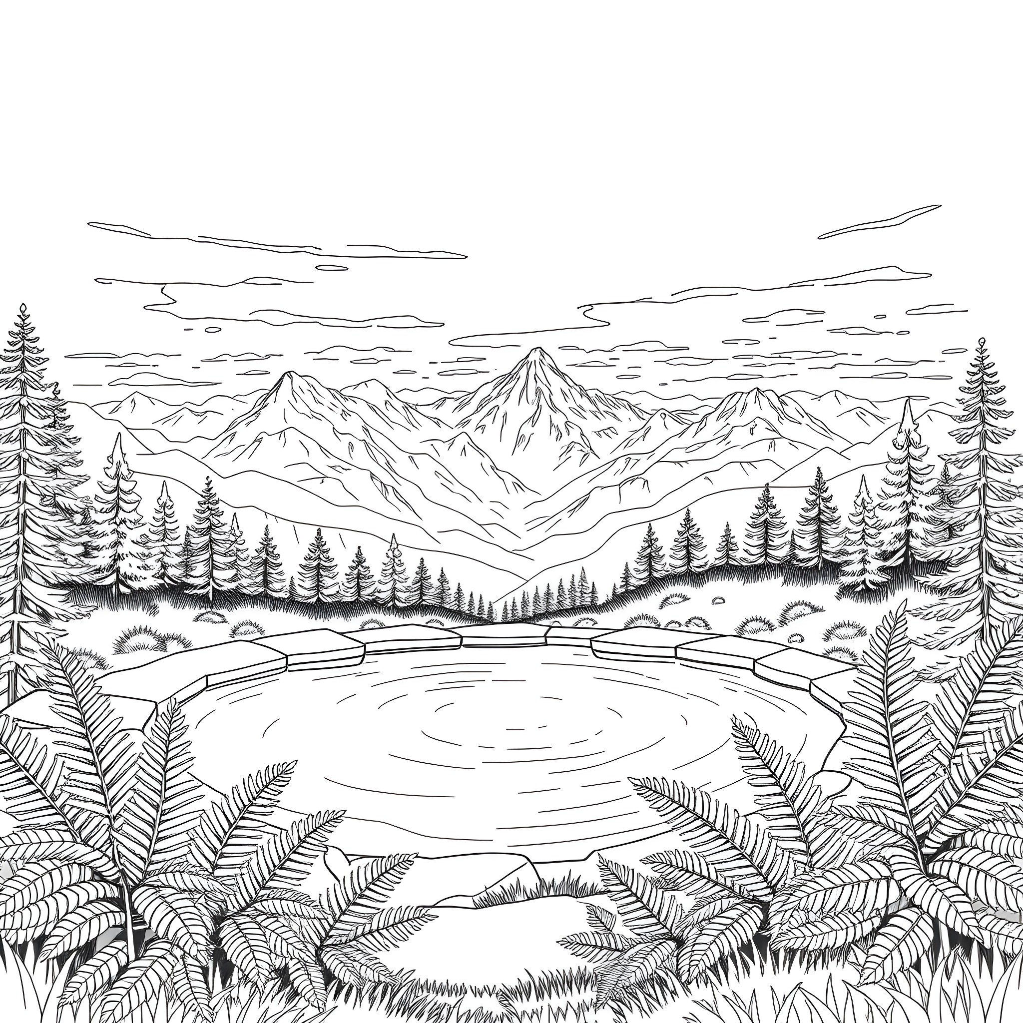 Hot Spring Oasis in Snowy Mountain Landscape Coloring Page (free black-and-white line drawing printable PDF for all, from beginners to advanced learners, including children, teens, adults, and seniors)