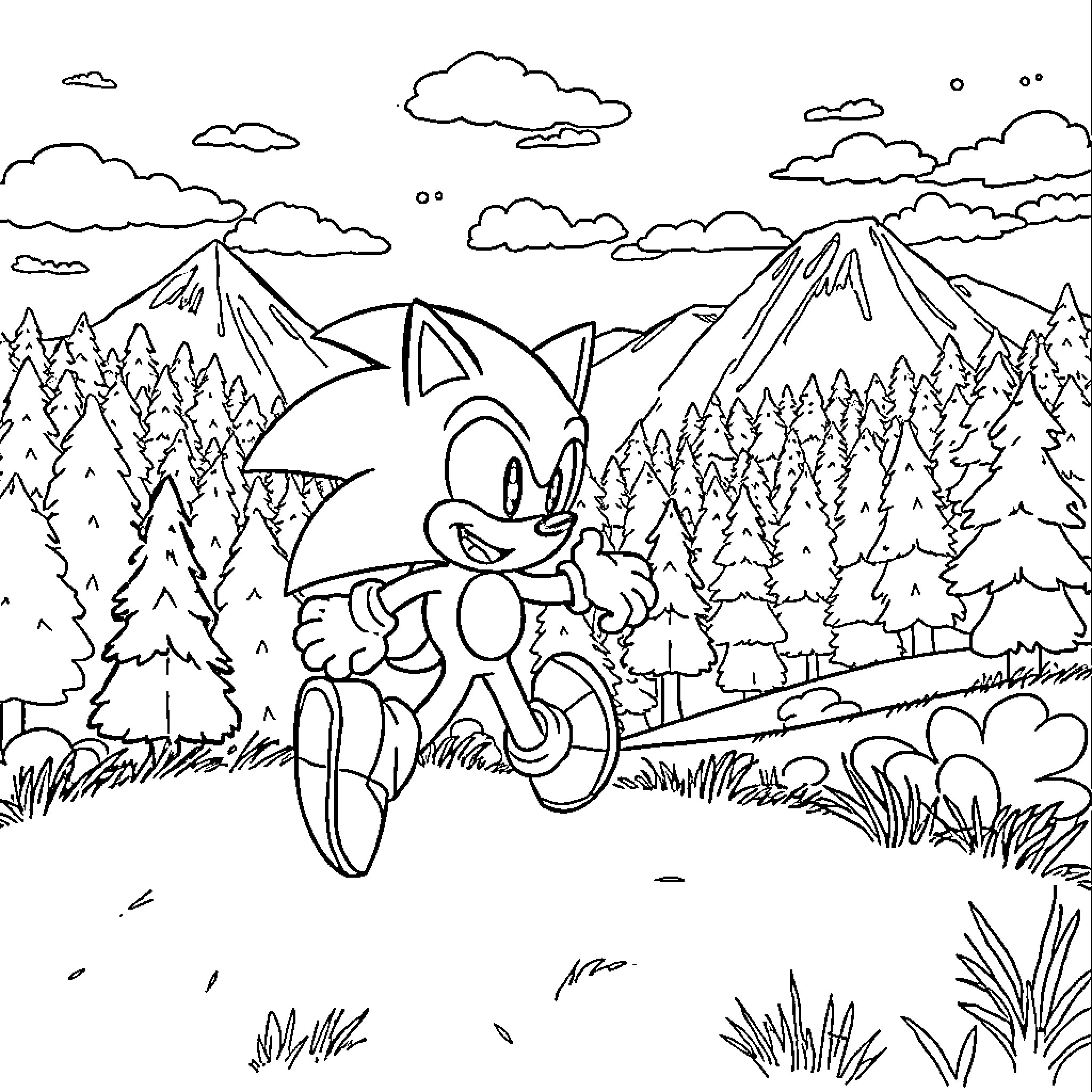 Sonic's Adventure in the Scenic Mountains Coloring Page (free black-and-white line drawing printable PDF for all, from beginners to advanced learners, including children, teens, adults, and seniors)