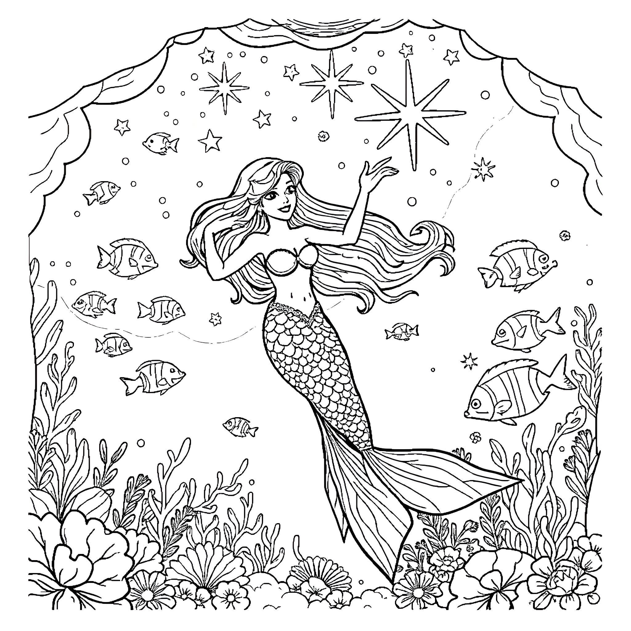 Mermaid dancing amidst underwater scenery Coloring Page (free black-and-white line drawing printable PDF for all, from beginners to advanced learners, including children, teens, adults, and seniors)