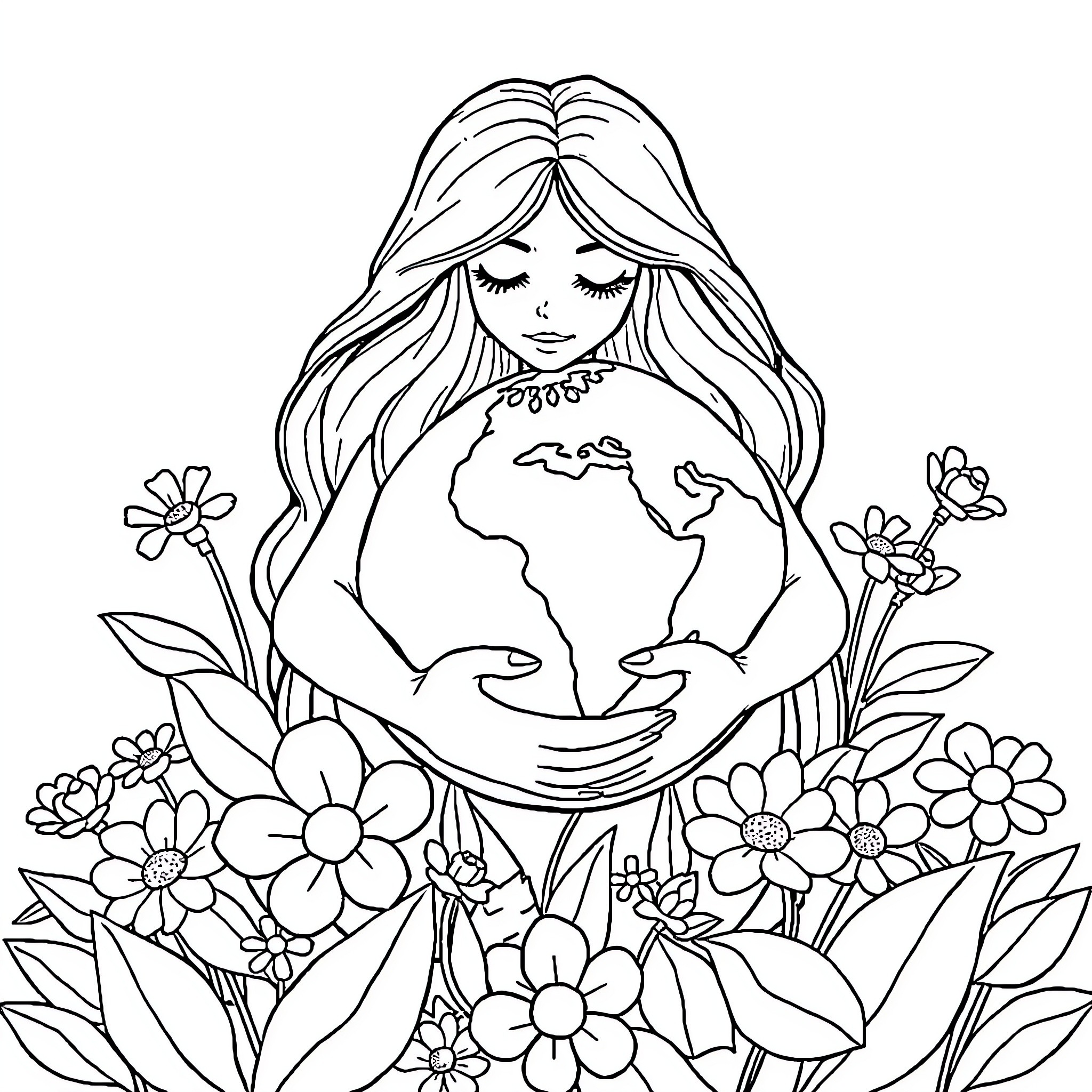 Earth surrounded by blooming flowers and nature Coloring Page (free black-and-white line drawing printable PDF for all, from beginners to advanced learners, including children, teens, adults, and seniors)
