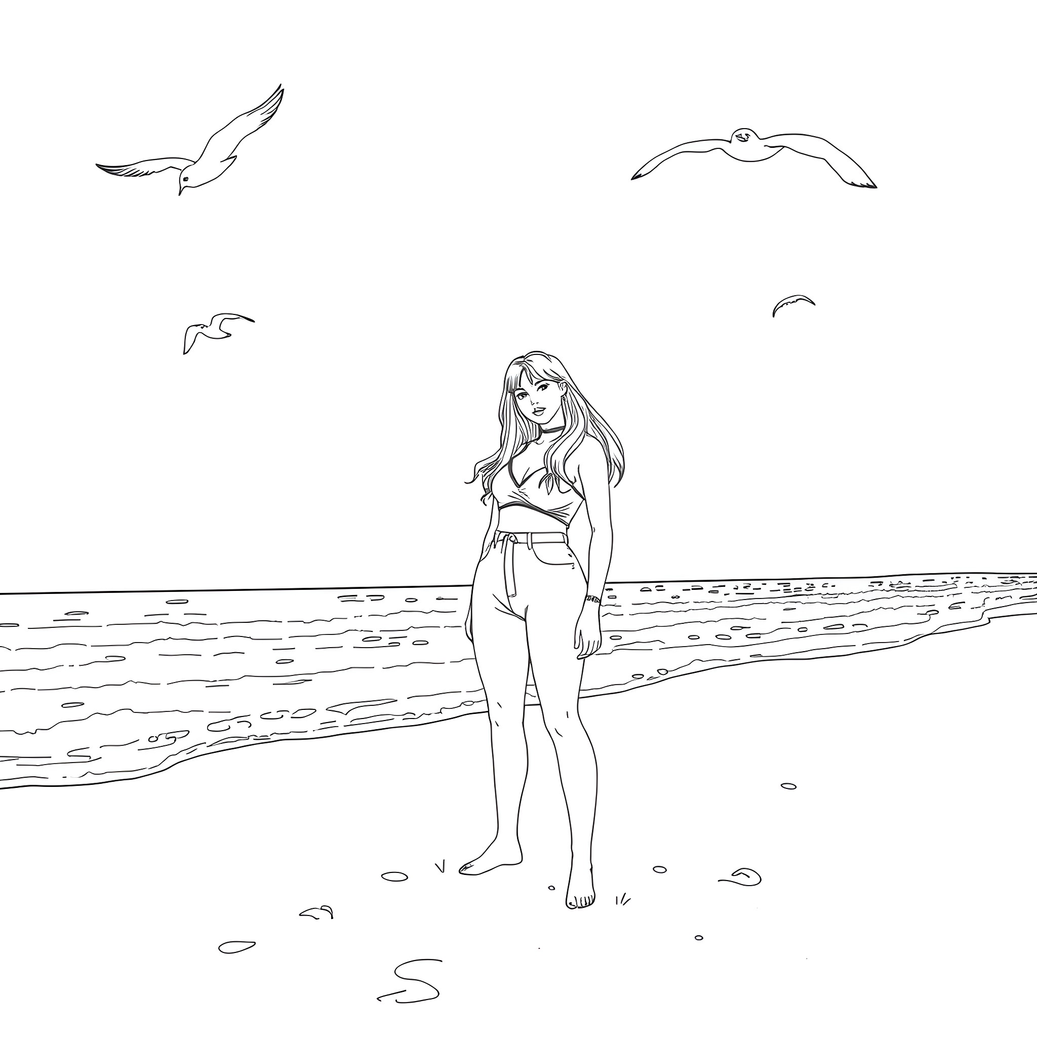 Billie Eilish's tranquil beach stroll Coloring Page (free black-and-white line drawing printable PDF for all, from beginners to advanced learners, including children, teens, adults, and seniors)