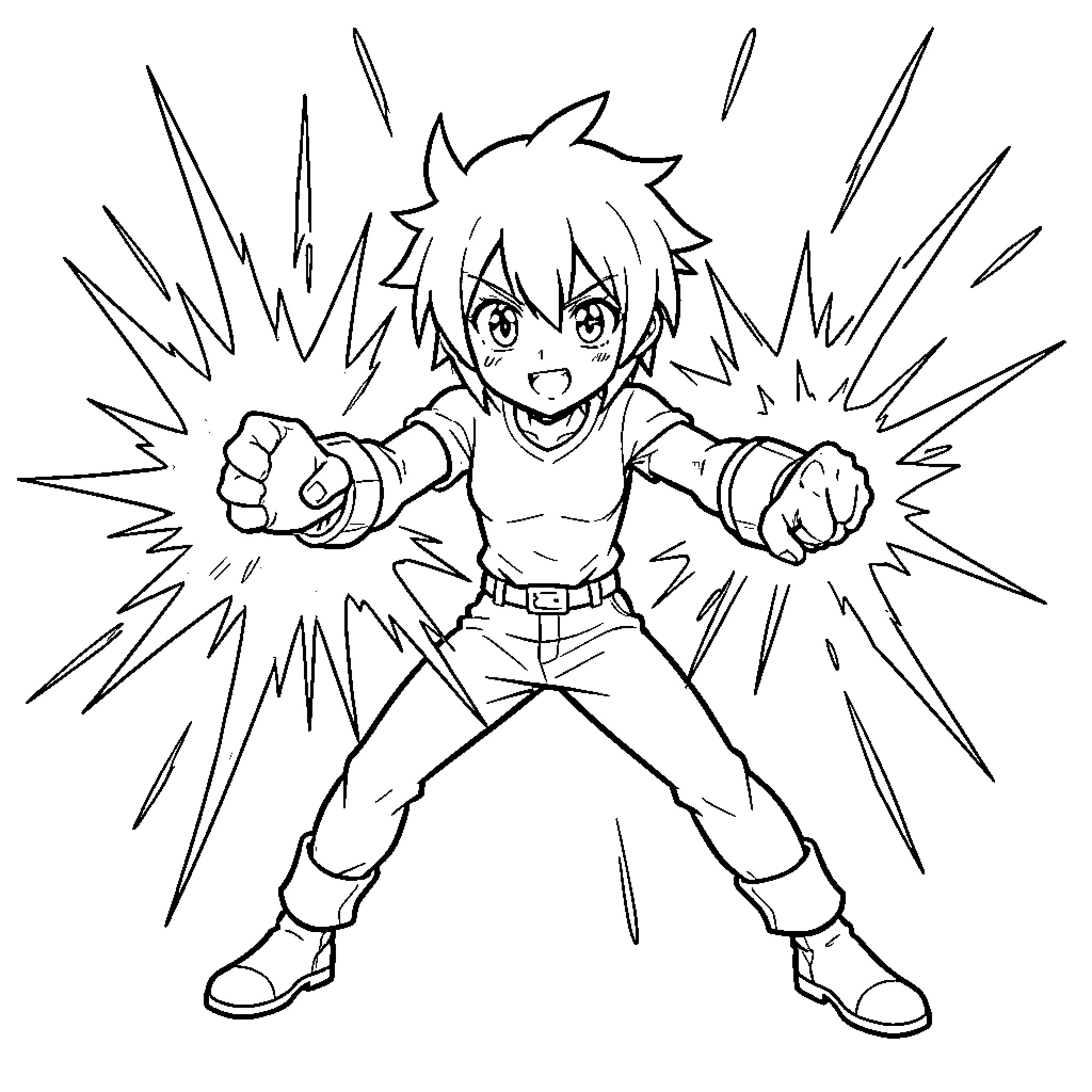 Anime Stick Man in Action Pose with Energy Bursts Coloring Page (free black-and-white line drawing printable PDF for all, from beginners to advanced learners, including children, teens, adults, and seniors)