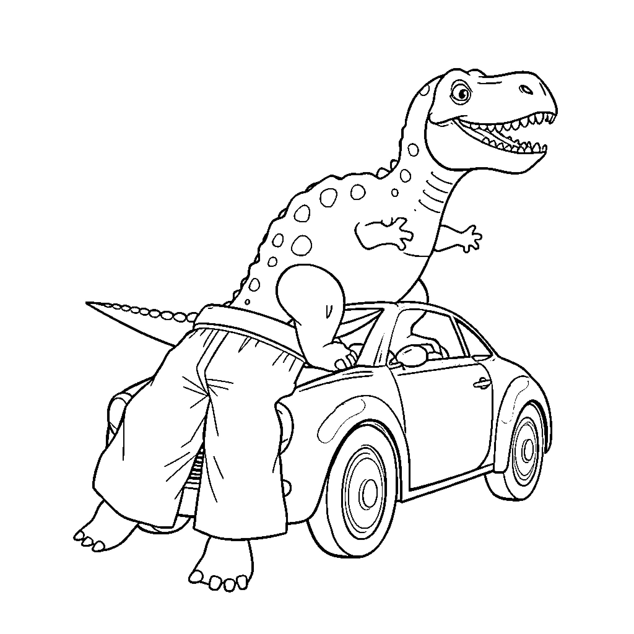 Dinosaur riding a car happily Coloring Page (free black-and-white line drawing printable PDF for all, from beginners to advanced learners, including children, teens, adults, and seniors)
