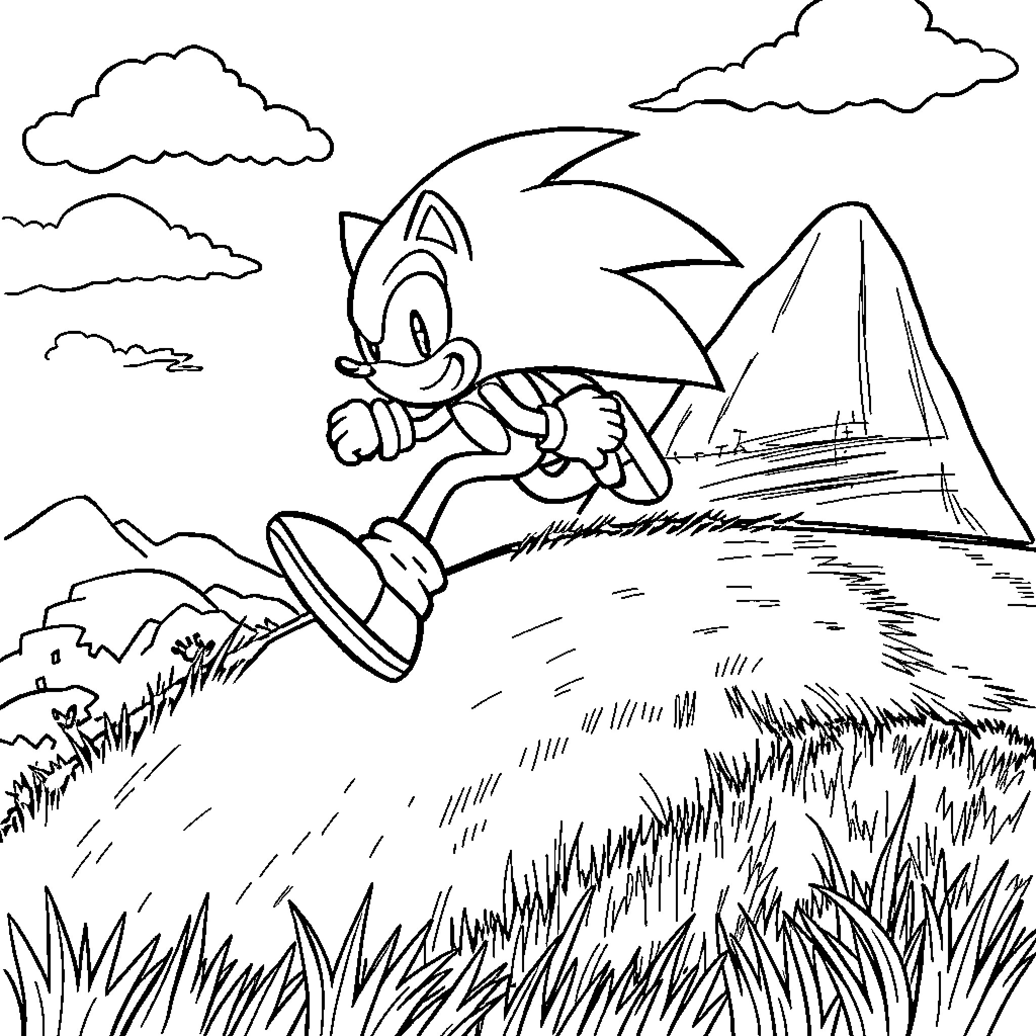 Sonic running through a lush landscape Coloring Page (free black-and-white line drawing printable PDF for all, from beginners to advanced learners, including children, teens, adults, and seniors)