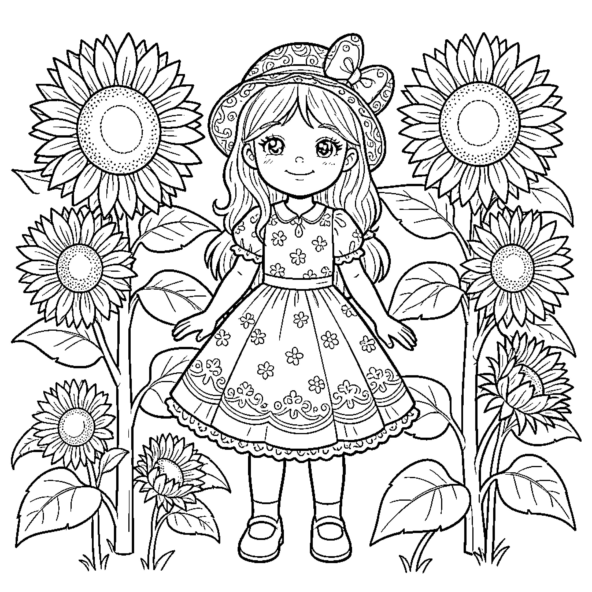 Girl in a floral dress surrounded by sunflowers Coloring Page (free black-and-white line drawing printable PDF for all, from beginners to advanced learners, including children, teens, adults, and seniors)