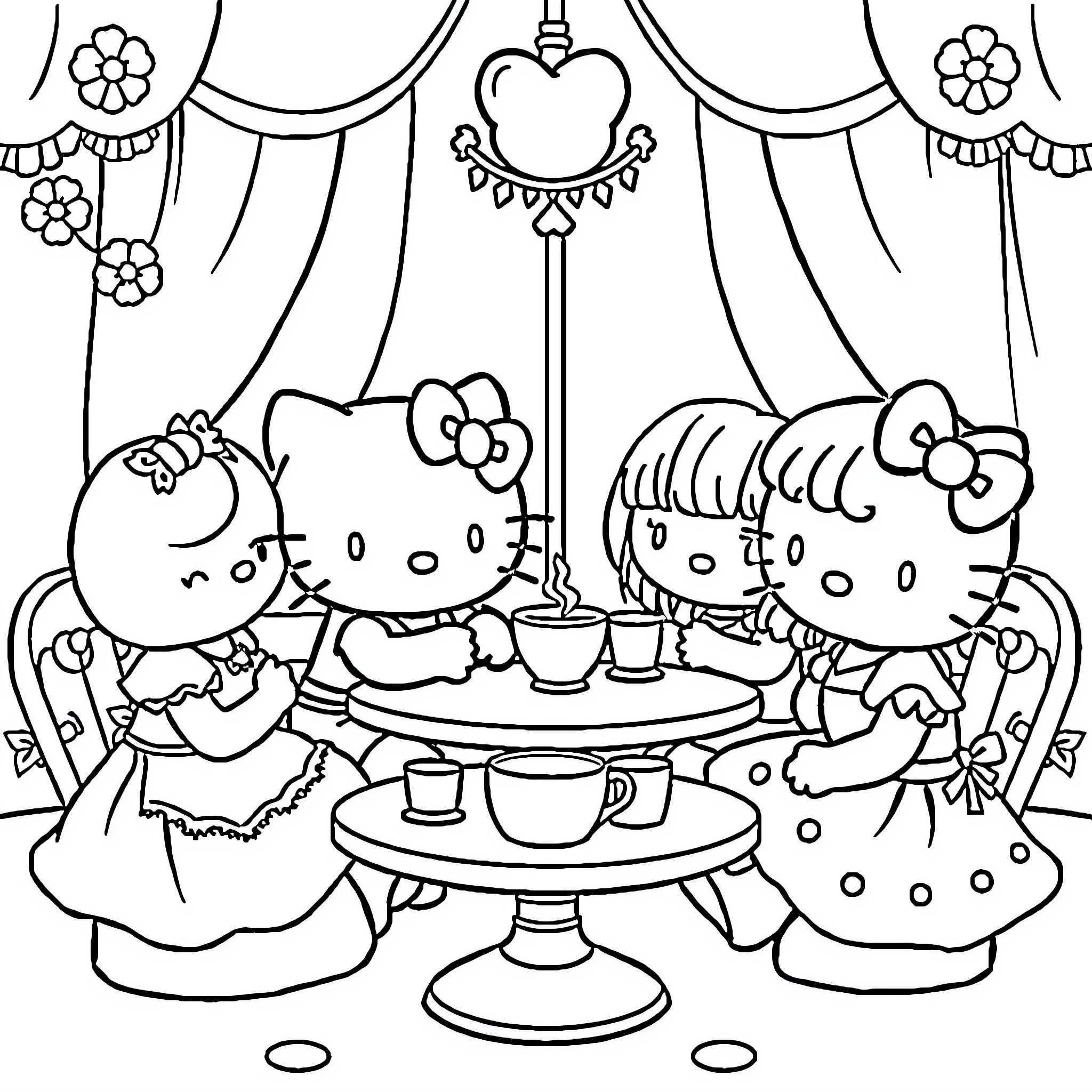 Hello Kitty and friends having a tea party Coloring Page (free black-and-white line drawing printable PDF for all, from beginners to advanced learners, including children, teens, adults, and seniors)
