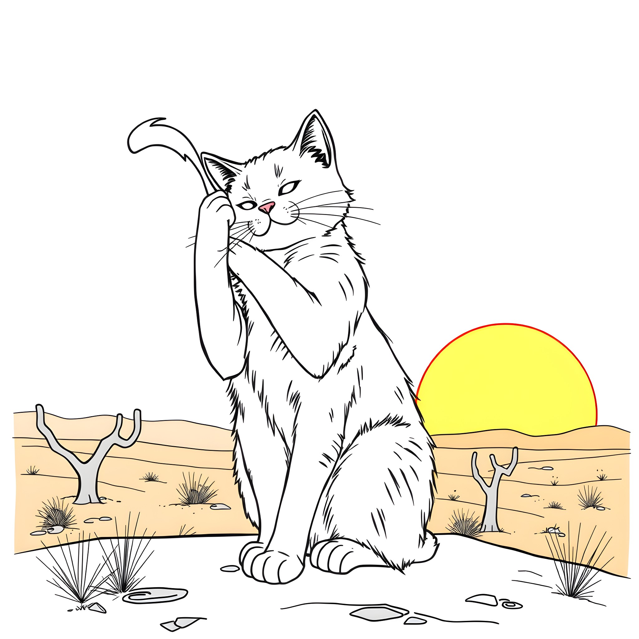 Cat sitting calmly in the desert landscape Coloring Page (free black-and-white line drawing printable PDF for all, from beginners to advanced learners, including children, teens, adults, and seniors)