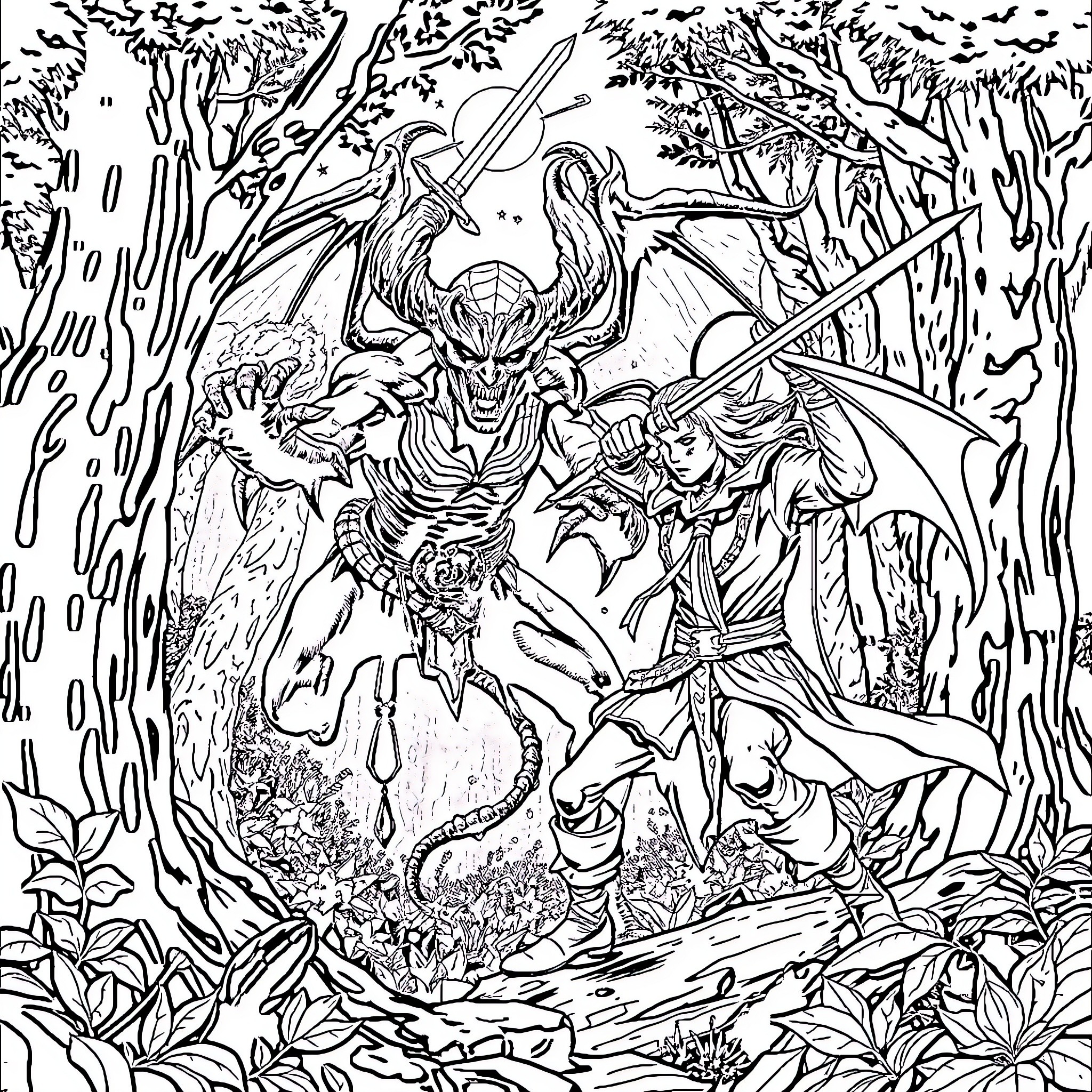 Demon Slayer confronting a fearsome creature in the forest Coloring Page (free black-and-white line drawing printable PDF for all, from beginners to advanced learners, including children, teens, adults, and seniors)