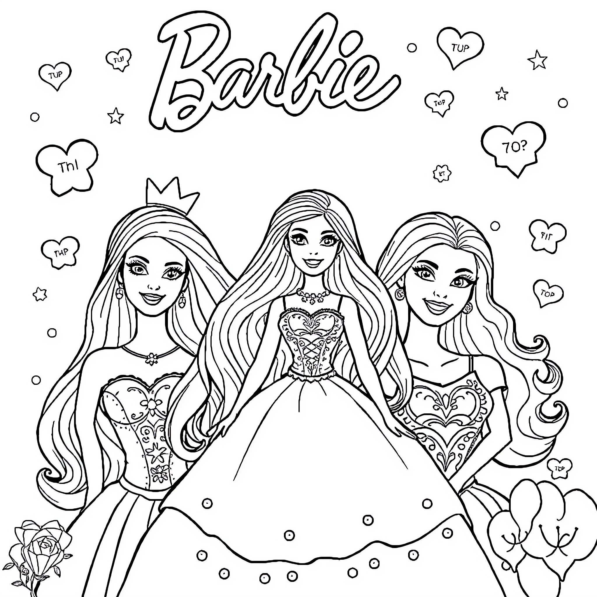 Barbie dolls in elegant dresses with floral designs Coloring Page (free black-and-white line drawing printable PDF for all, from beginners to advanced learners, including children, teens, adults, and seniors)