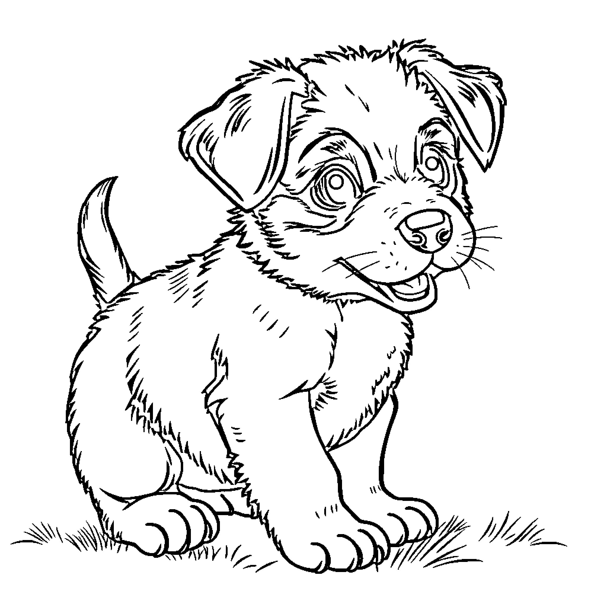 Puppy playing joyfully in the grass Coloring Page (free black-and-white line drawing printable PDF for all, from beginners to advanced learners, including children, teens, adults, and seniors)