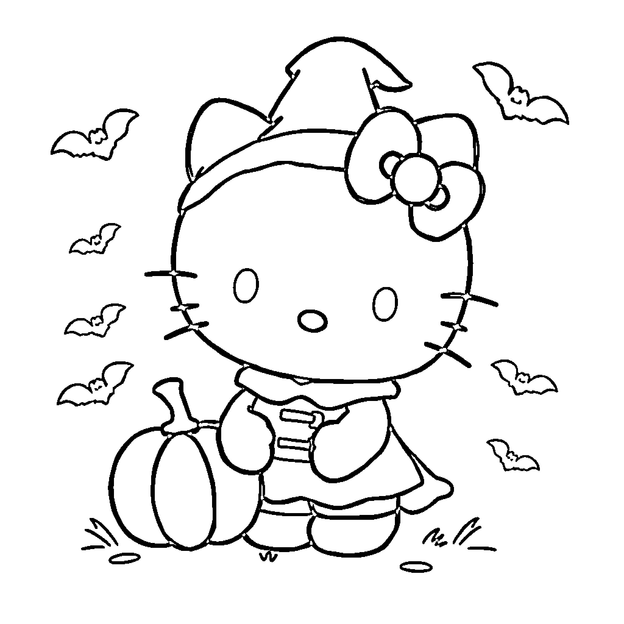 Hello Kitty enjoying Halloween with pumpkin and bats Coloring Page (free black-and-white line drawing printable PDF for all, from beginners to advanced learners, including children, teens, adults, and seniors)