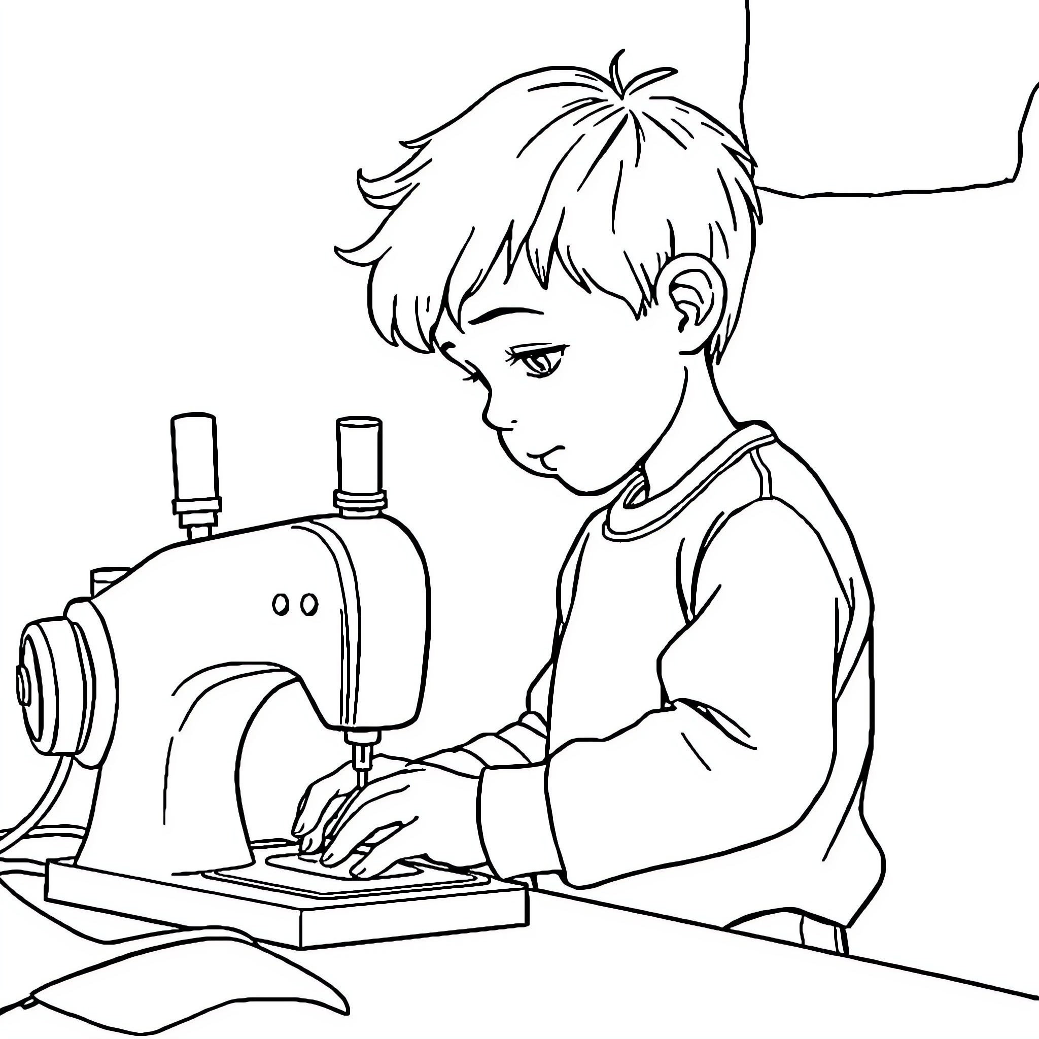 Child operating sewing machine intently Coloring Page (free black-and-white line drawing printable PDF for all, from beginners to advanced learners, including children, teens, adults, and seniors)