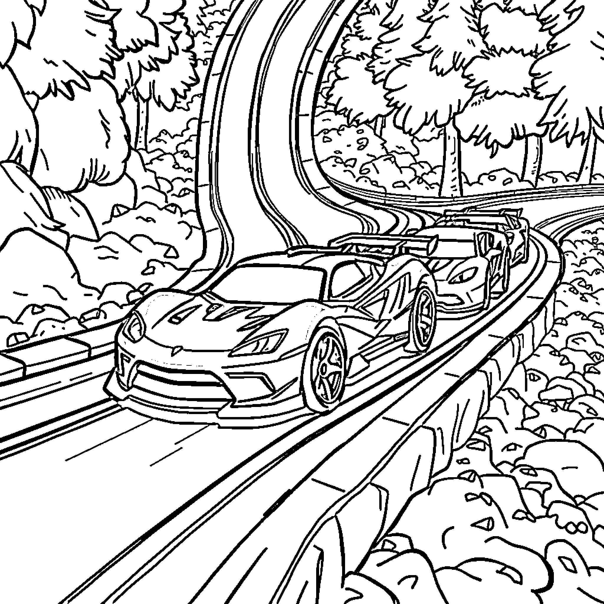 Hot Wheels racing through forest landscape Coloring Page (free black-and-white line drawing printable PDF for all, from beginners to advanced learners, including children, teens, adults, and seniors)