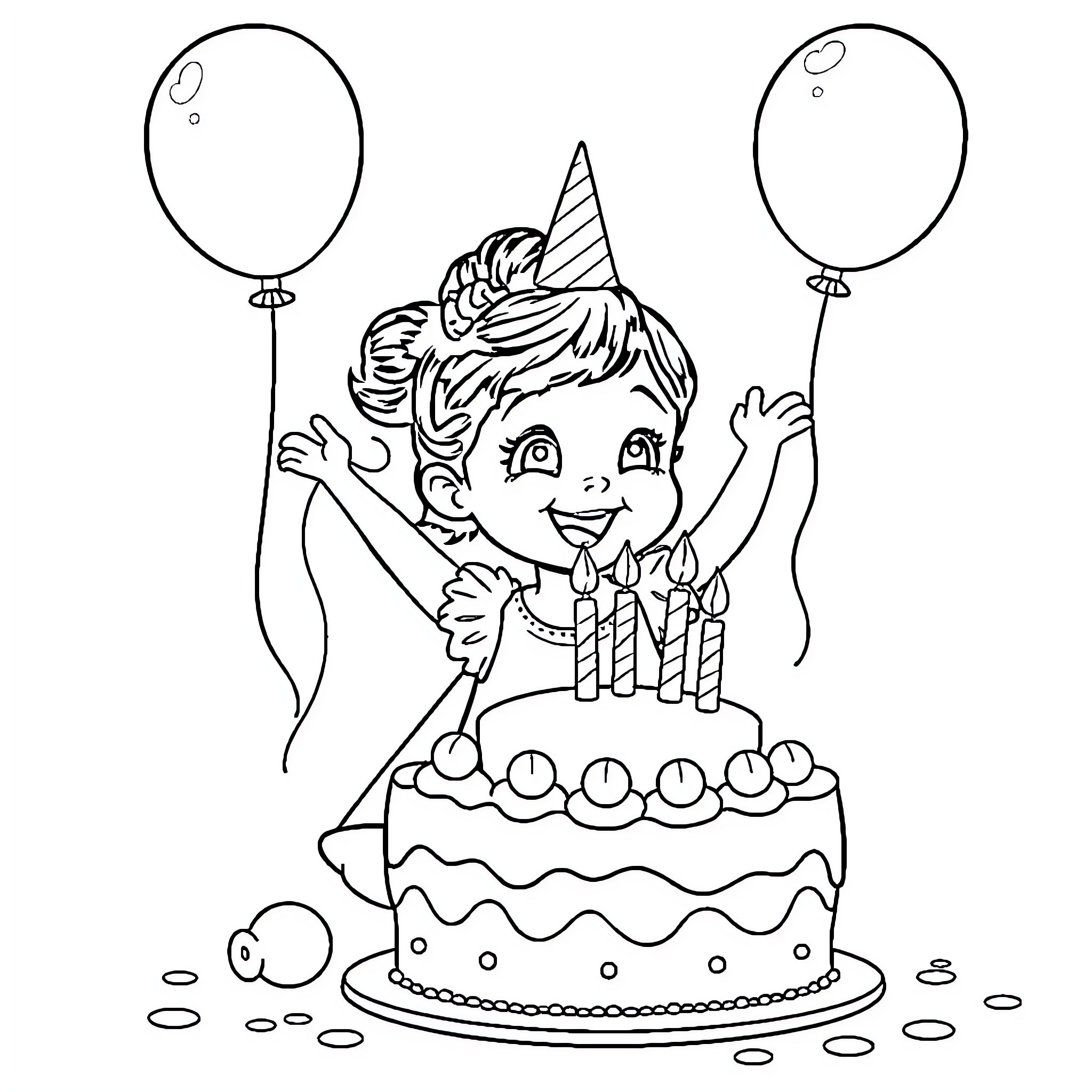 Avani's Birthday Celebration with Cake and Balloons Coloring Page (free black-and-white line drawing printable PDF for all, from beginners to advanced learners, including children, teens, adults, and seniors)