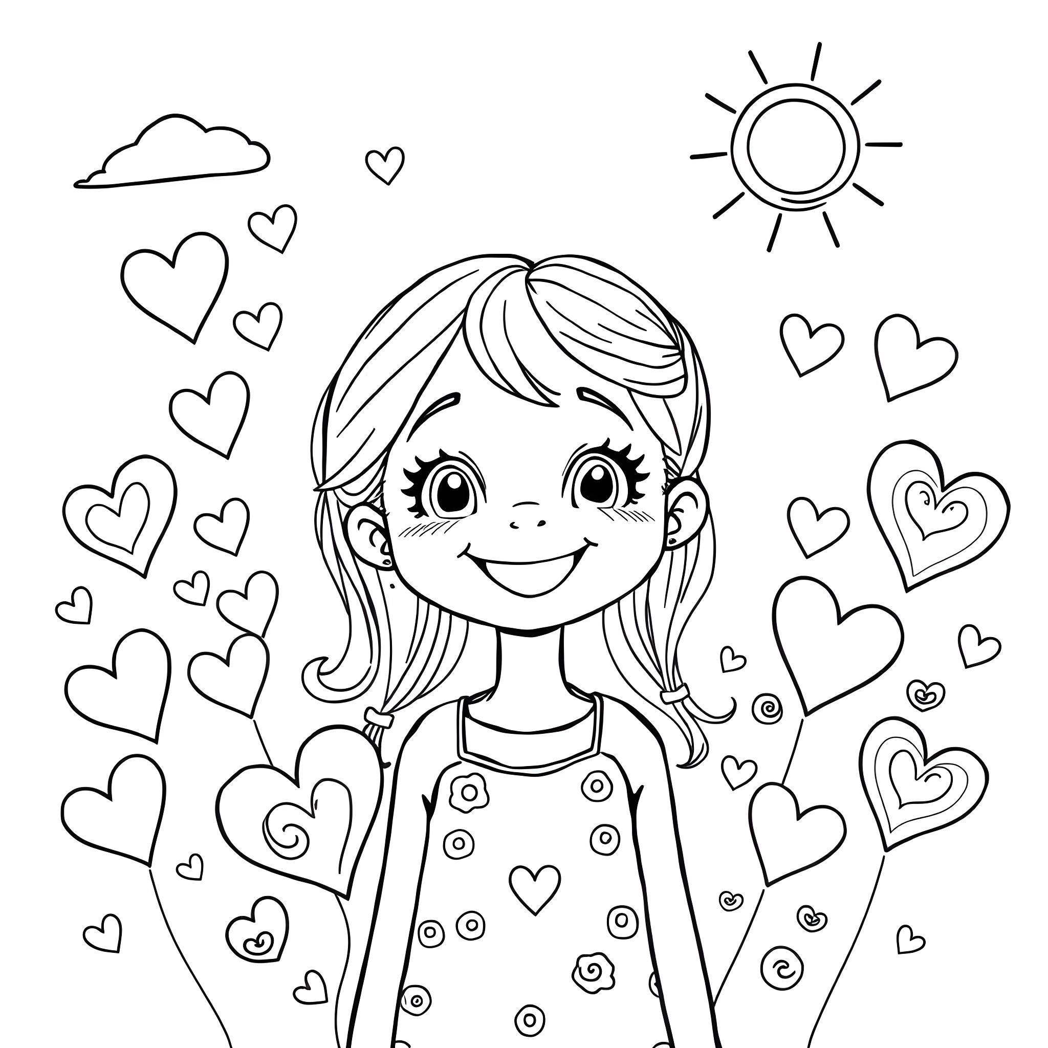 Jacky's Happy Day with Hearts and Sunshine Coloring Page (free black-and-white line drawing printable PDF for all, from beginners to advanced learners, including children, teens, adults, and seniors)