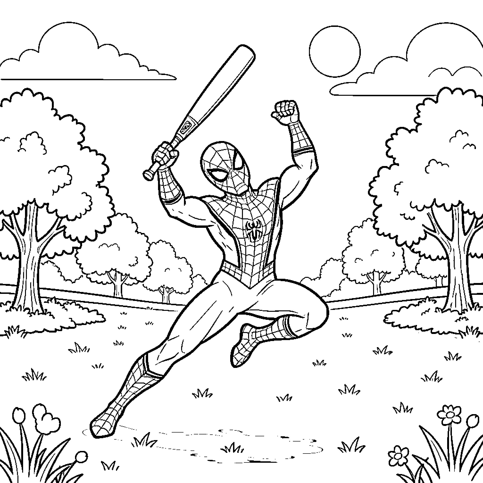 Spider-Man swinging through the forest with his webs Coloring Page (free black-and-white line drawing printable PDF for all, from beginners to advanced learners, including children, teens, adults, and seniors)