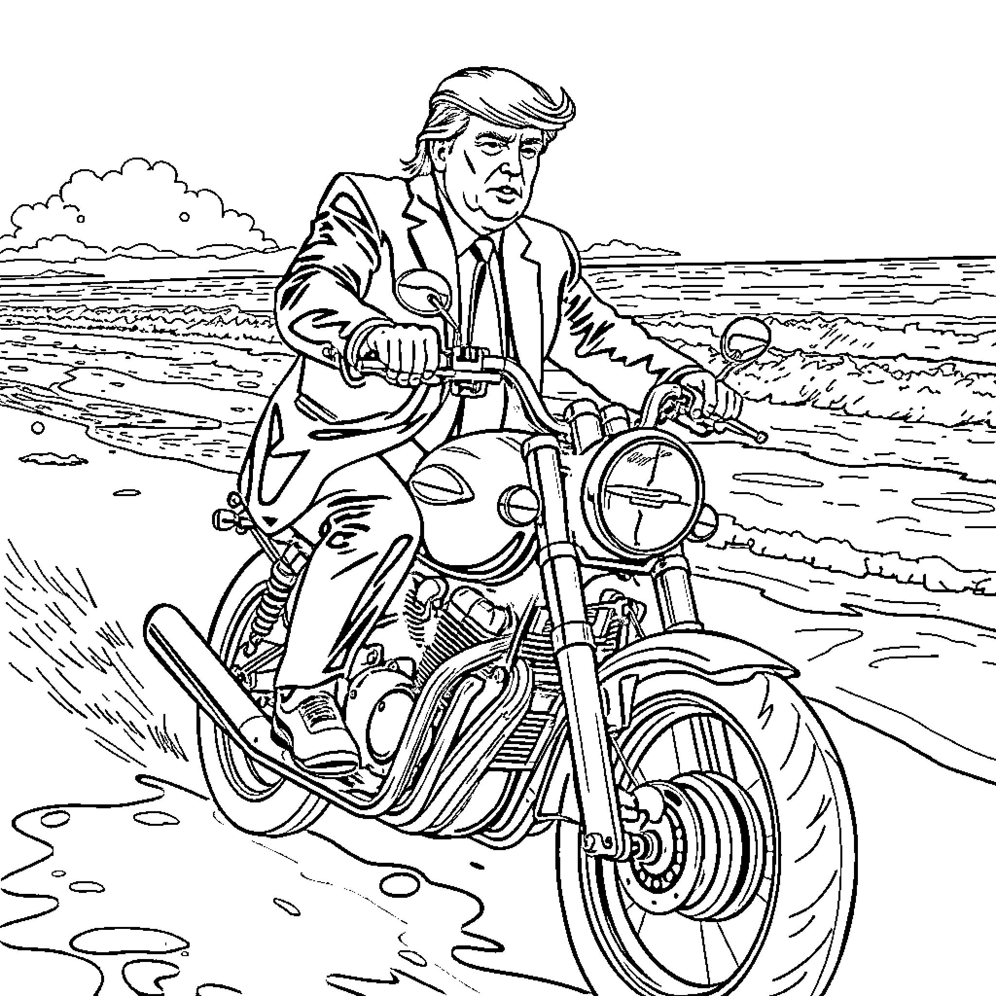 Donald Trump riding a motorcycle on the beach Coloring Page (free black-and-white line drawing printable PDF for all, from beginners to advanced learners, including children, teens, adults, and seniors)