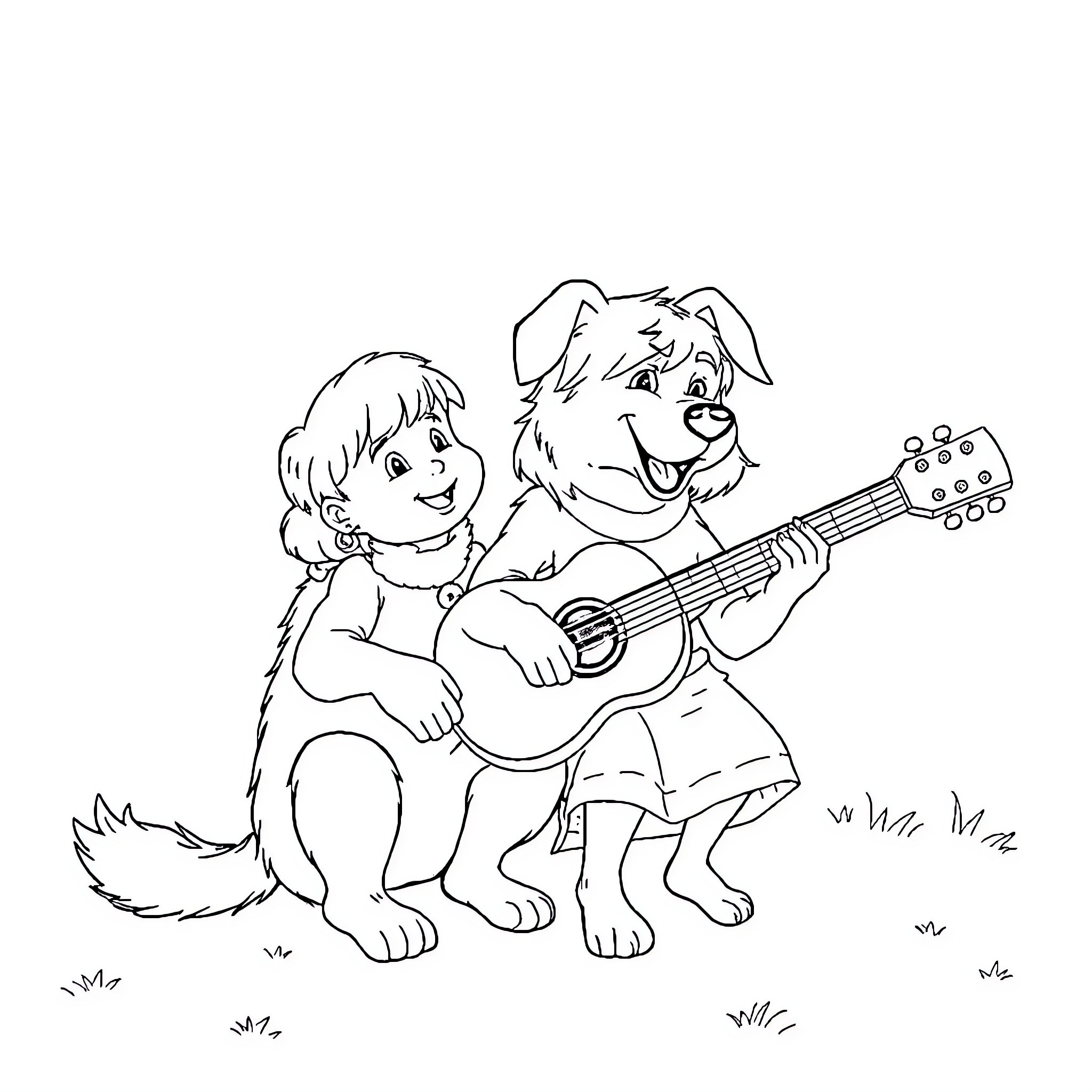 Dog playing guitar with a child Coloring Page (free black-and-white line drawing printable PDF for all, from beginners to advanced learners, including children, teens, adults, and seniors)