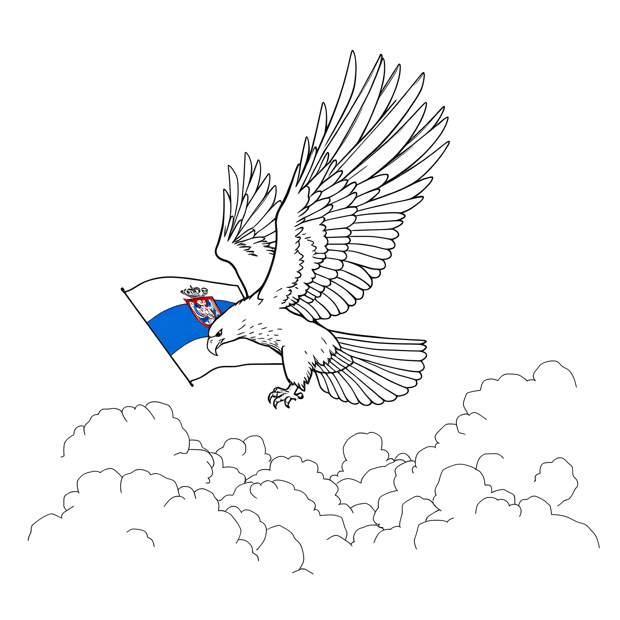 Eagle carrying a flag in the cloudy sky Coloring Page (free black-and-white line drawing printable PDF for all, from beginners to advanced learners, including children, teens, adults, and seniors)