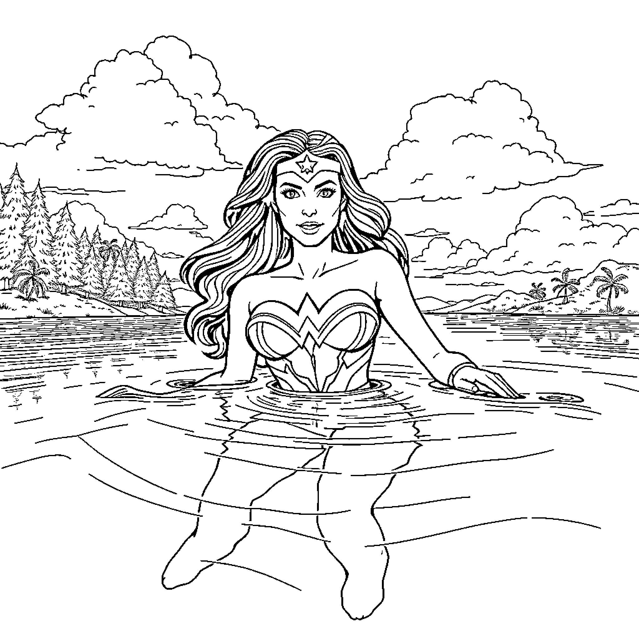 Wonder Woman swimming in enchanted lake Coloring Page (free black-and-white line drawing printable PDF for all, from beginners to advanced learners, including children, teens, adults, and seniors)
