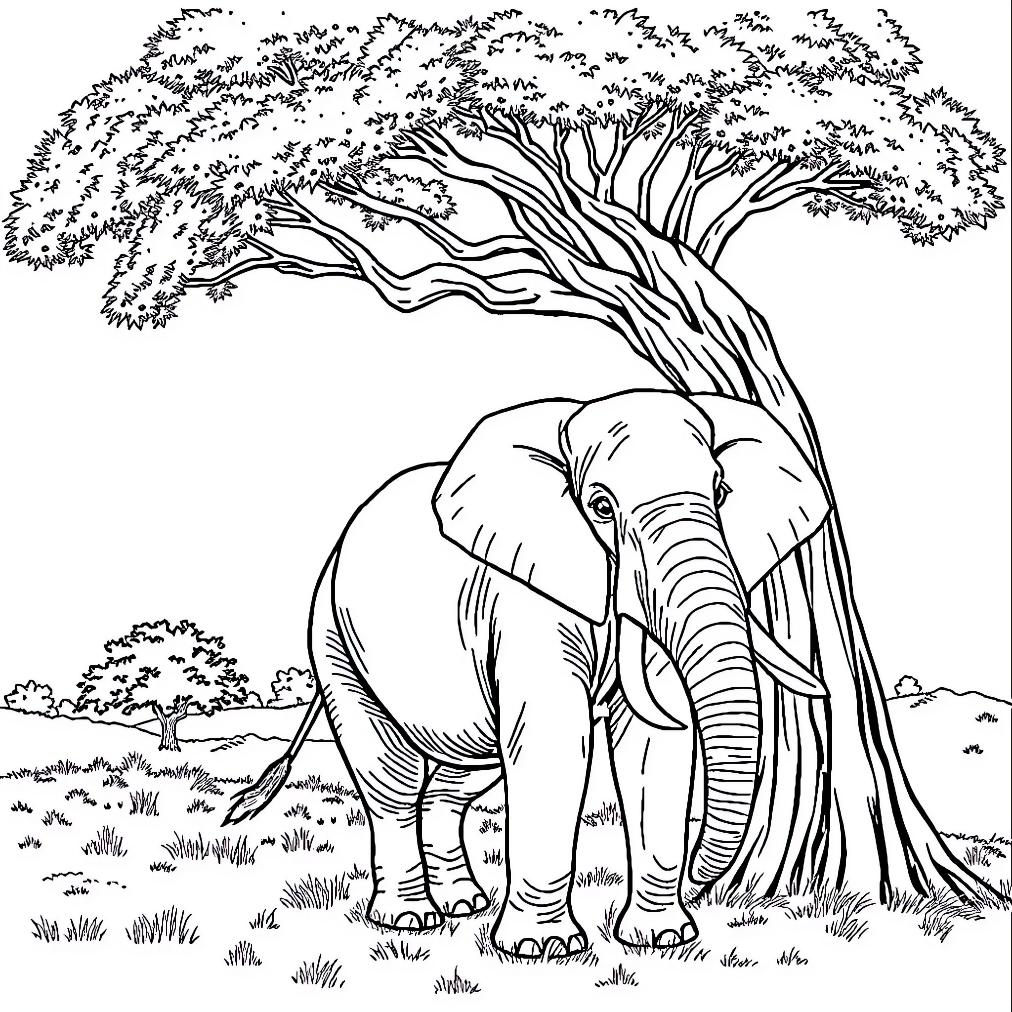 Elephant standing under a large tree Coloring Page (free black-and-white line drawing printable PDF for all, from beginners to advanced learners, including children, teens, adults, and seniors)