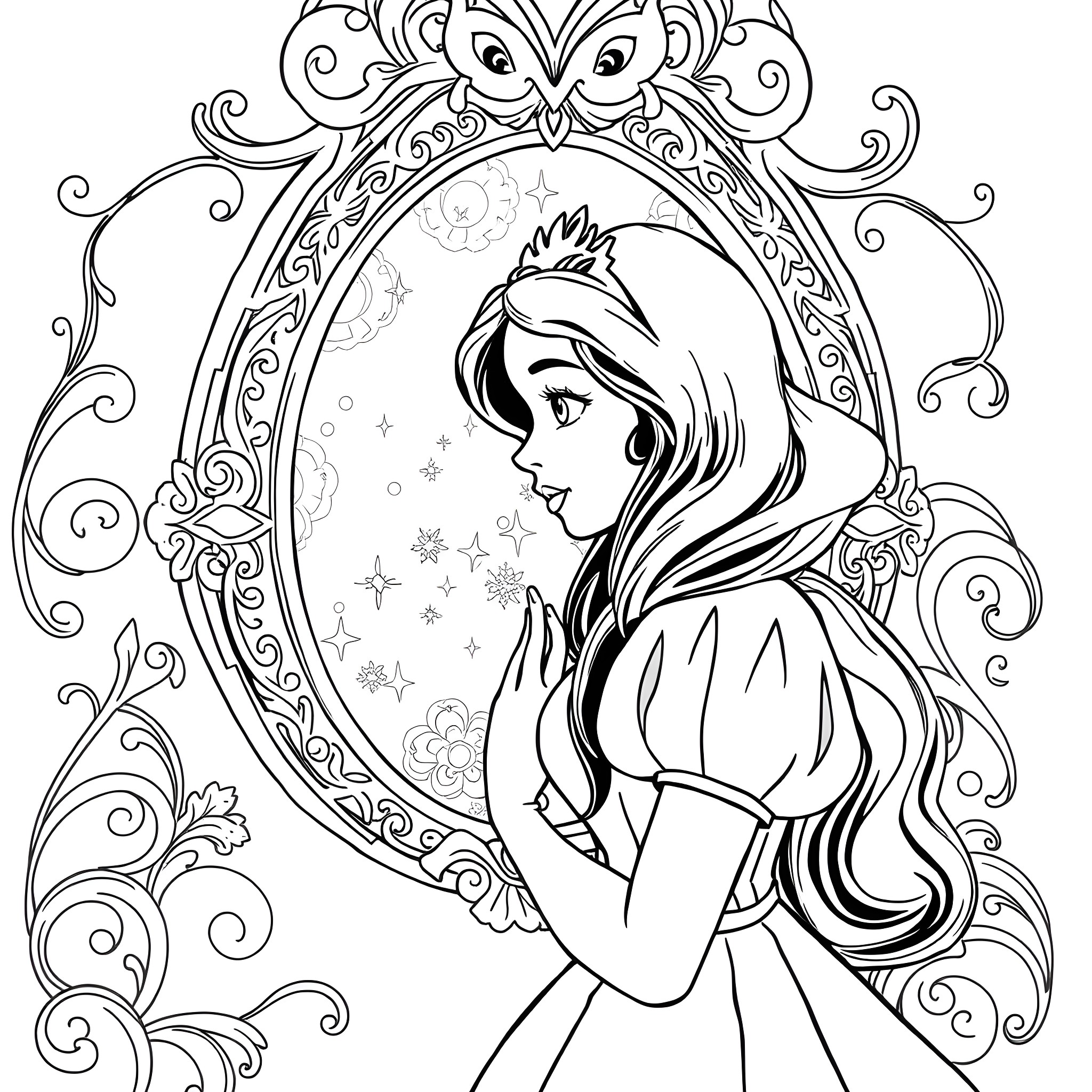 Snow White admiring herself in the ornate mirror Coloring Page (free black-and-white line drawing printable PDF for all, from beginners to advanced learners, including children, teens, adults, and seniors)