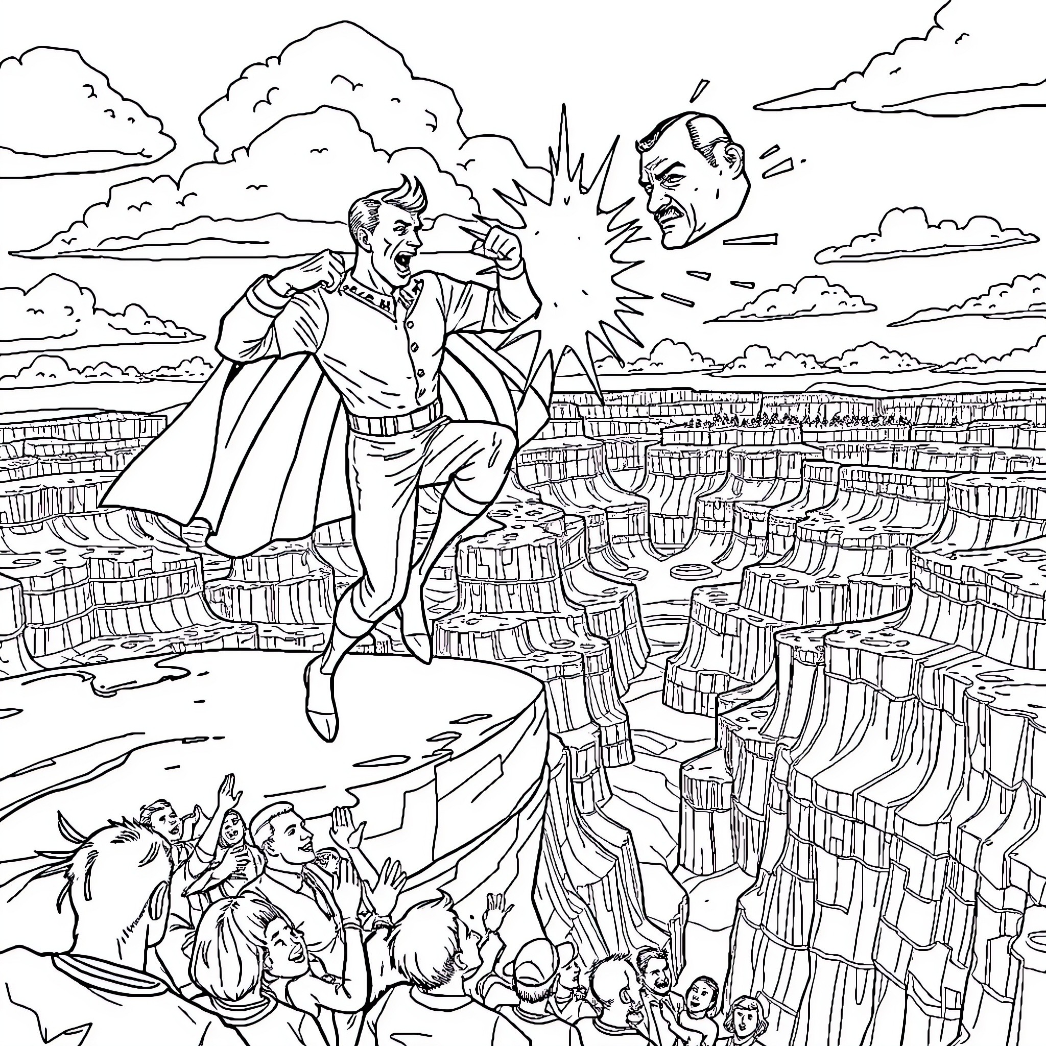 Superhero Duo Fighting Epic Battle in Chaotic Landscape Coloring Page (free black-and-white line drawing printable PDF for all, from beginners to advanced learners, including children, teens, adults, and seniors)
