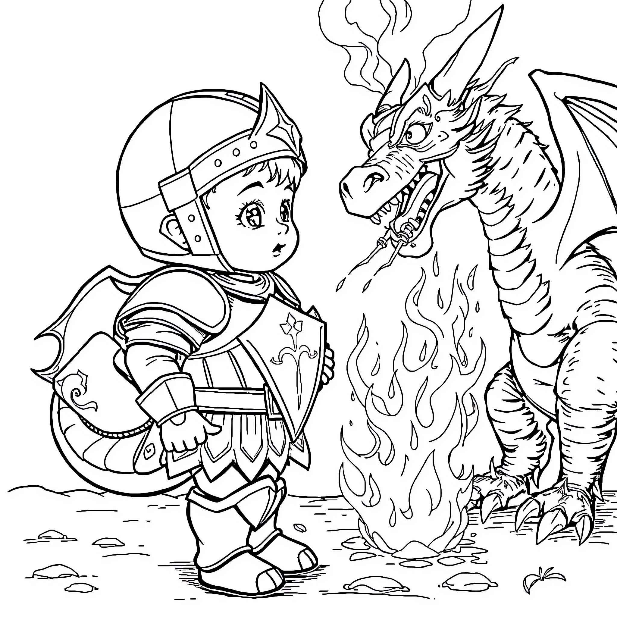 Baby knight bravely facing a fearsome dragon Coloring Page (free black-and-white line drawing printable PDF for all, from beginners to advanced learners, including children, teens, adults, and seniors)