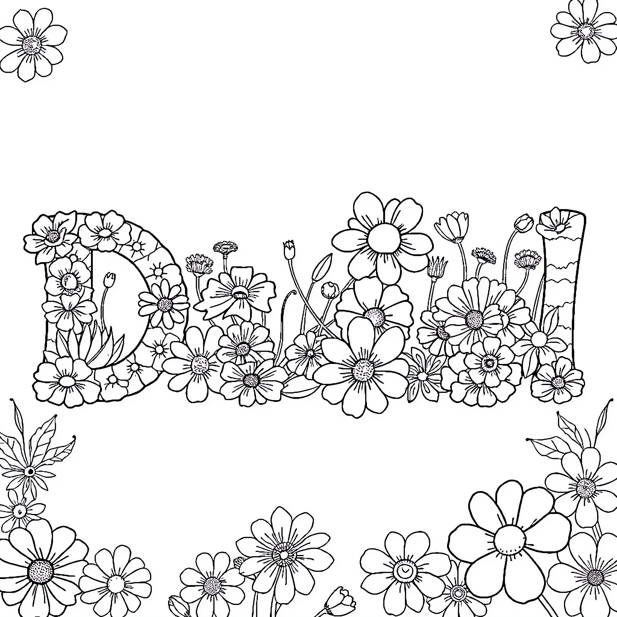 Flower garden with blooming flowers Coloring Page (free black-and-white line drawing printable PDF for all, from beginners to advanced learners, including children, teens, adults, and seniors)
