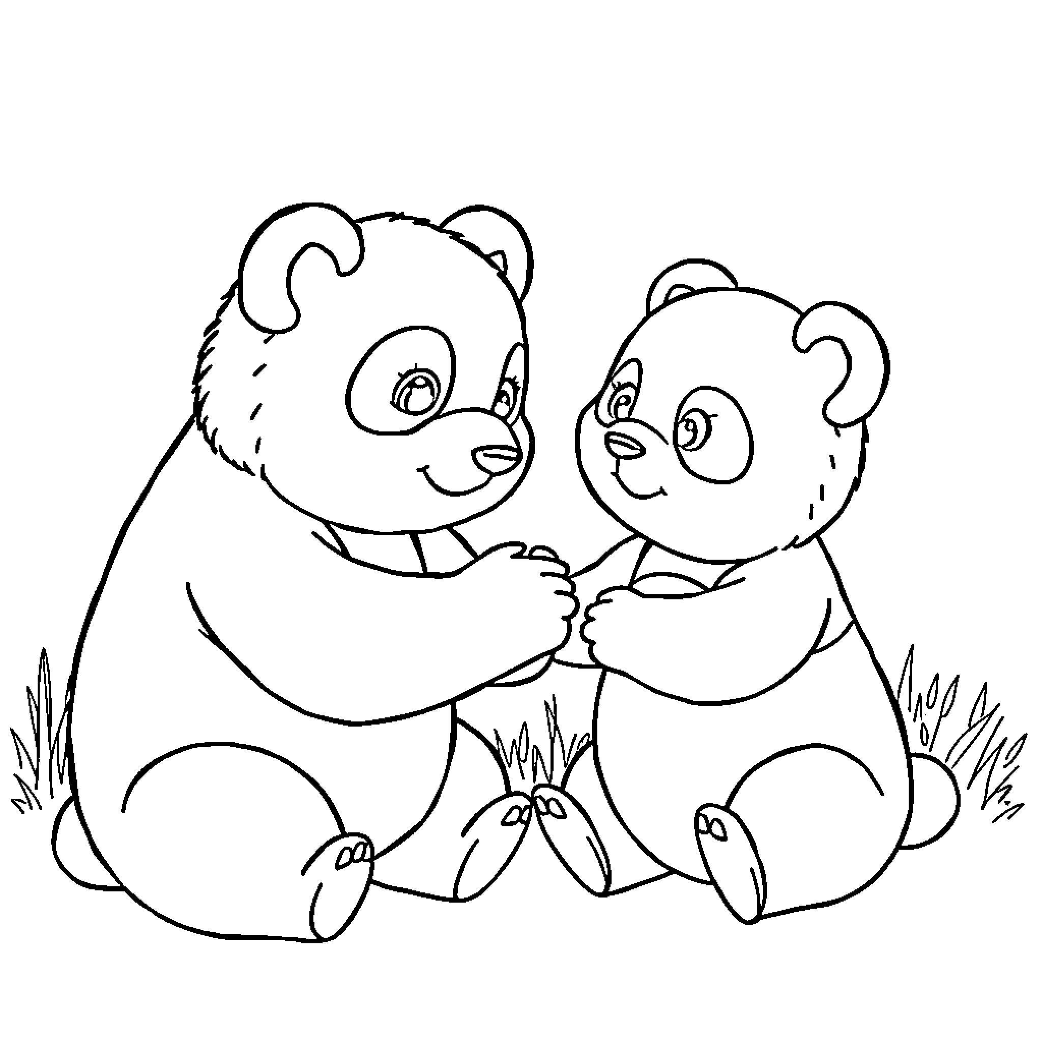 Panda bears playing and cuddling together Coloring Page (free black-and-white line drawing printable PDF for all, from beginners to advanced learners, including children, teens, adults, and seniors)