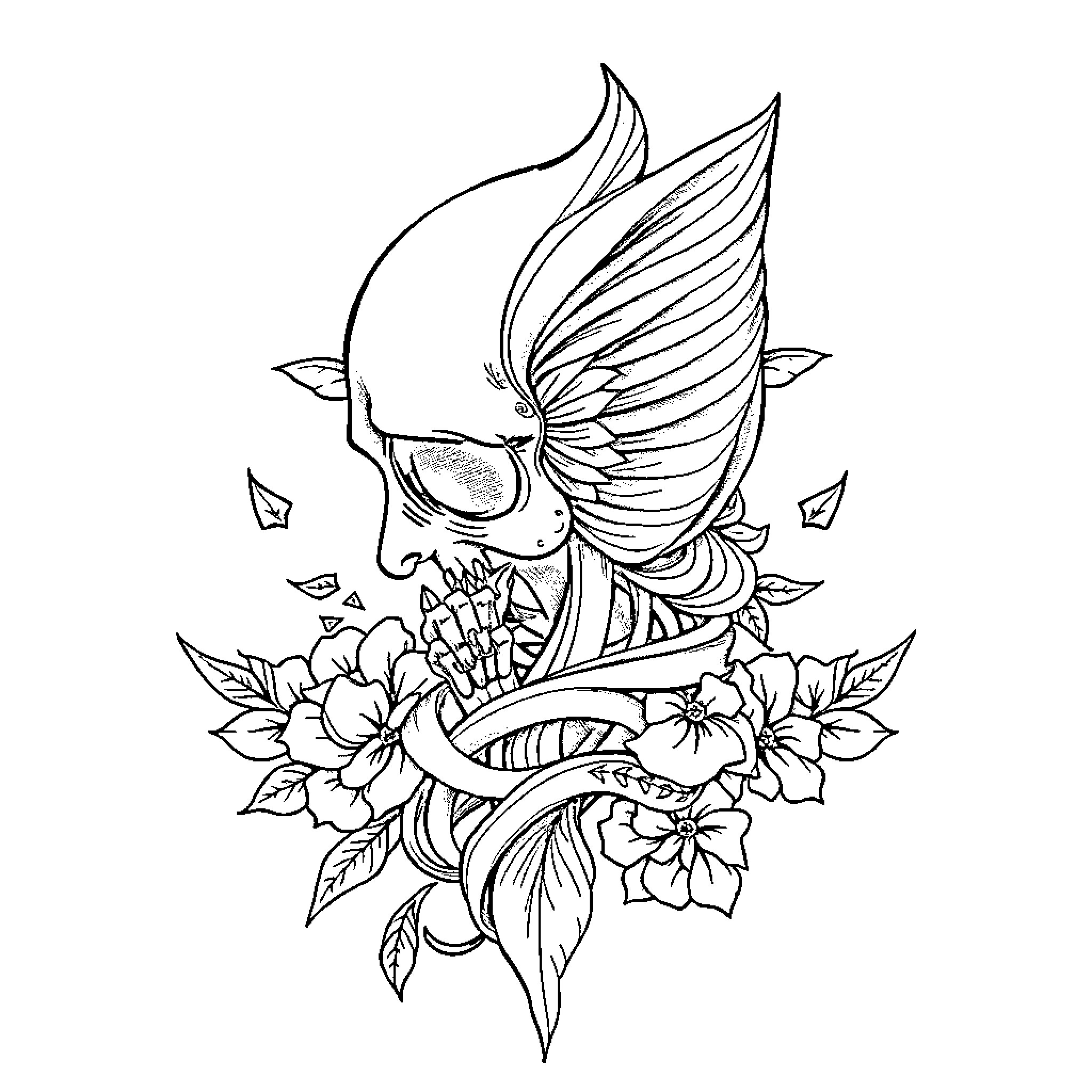 Tattoo of a Winged Skull with Floral Elements Coloring Page (free black-and-white line drawing printable PDF for all, from beginners to advanced learners, including children, teens, adults, and seniors)