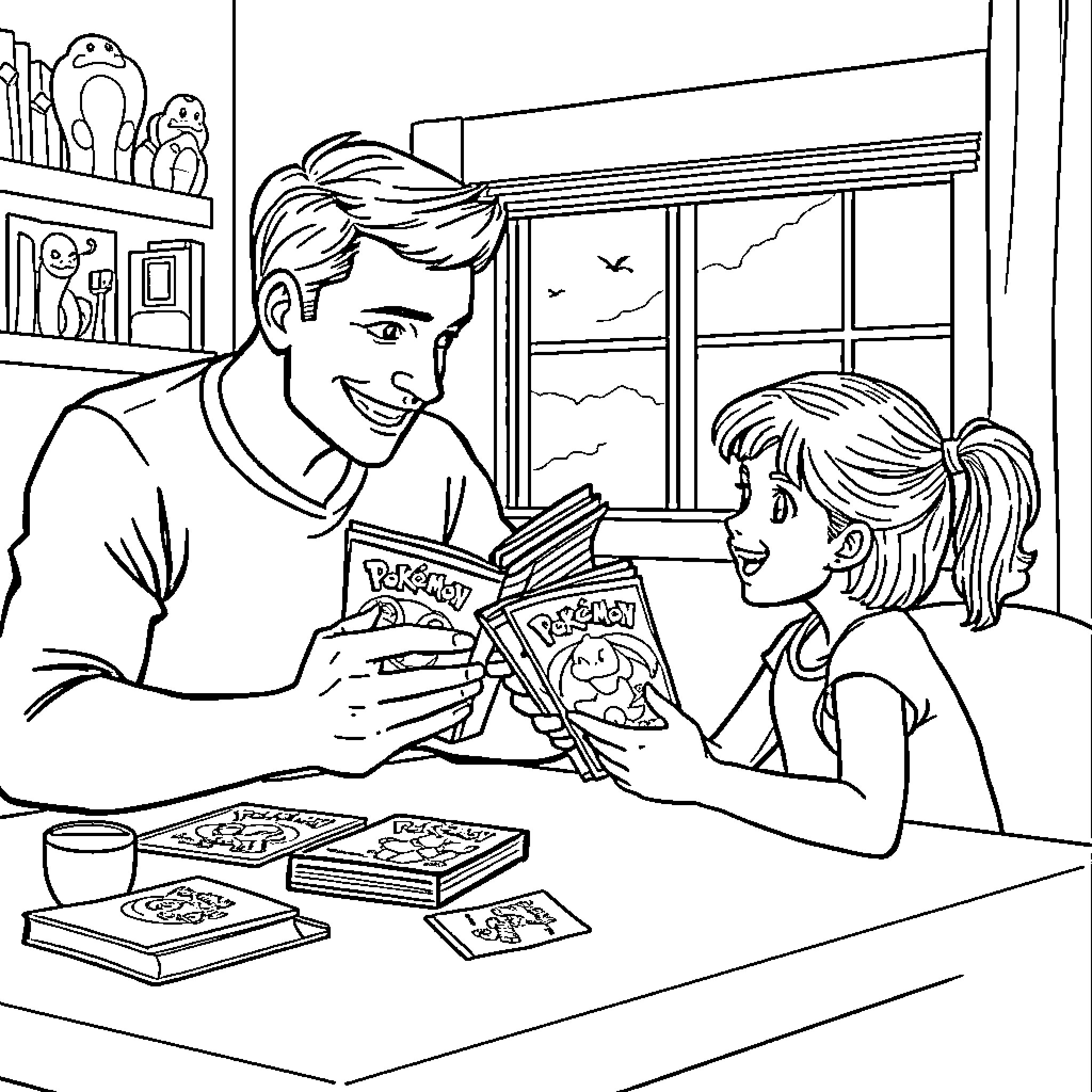 Pokémon Enthusiasts Bonding over Favorite Cards Coloring Page (free black-and-white line drawing printable PDF for all, from beginners to advanced learners, including children, teens, adults, and seniors)